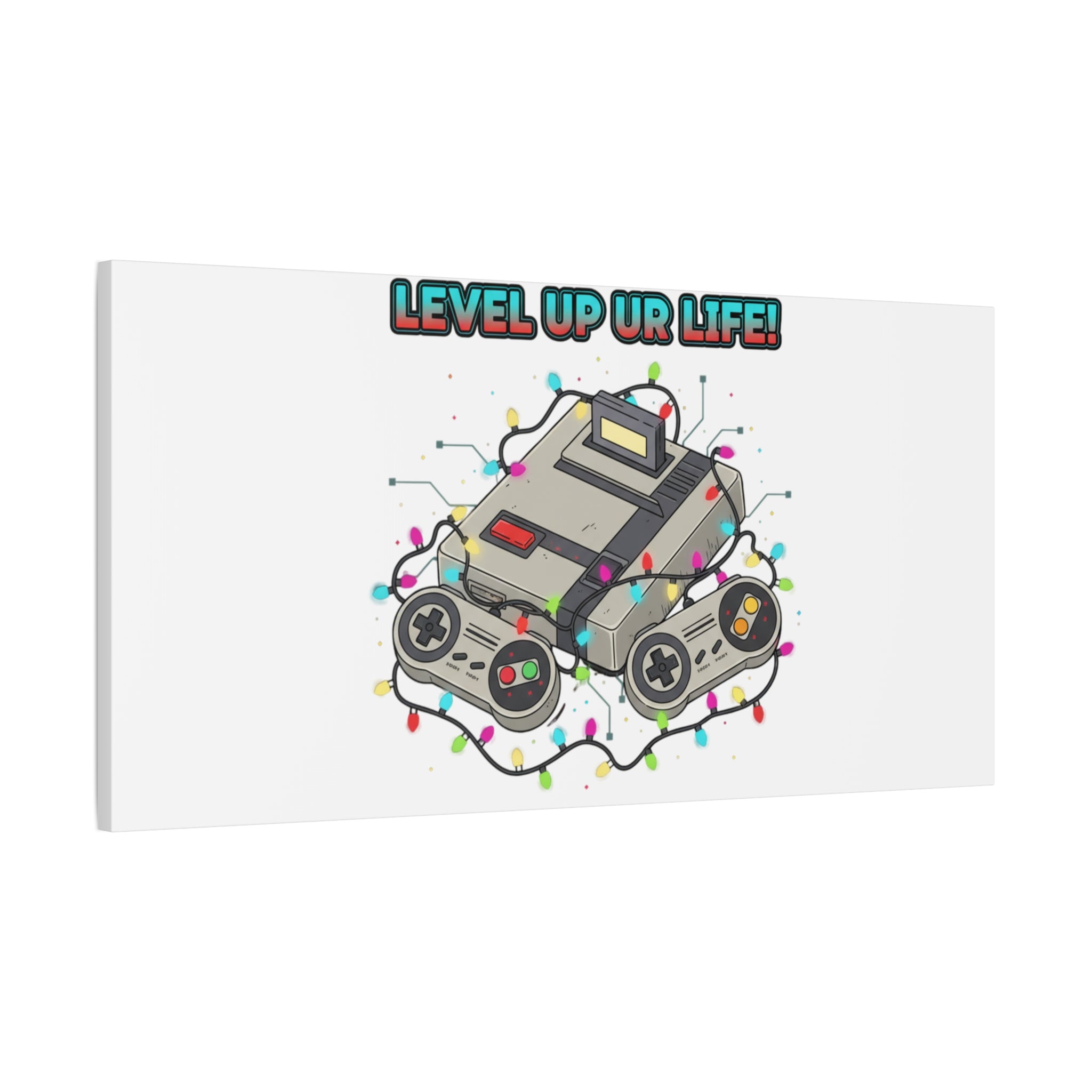 Level Up UR Life Canvas | Gamer Wall Art, Retro Controller, Holiday Lights