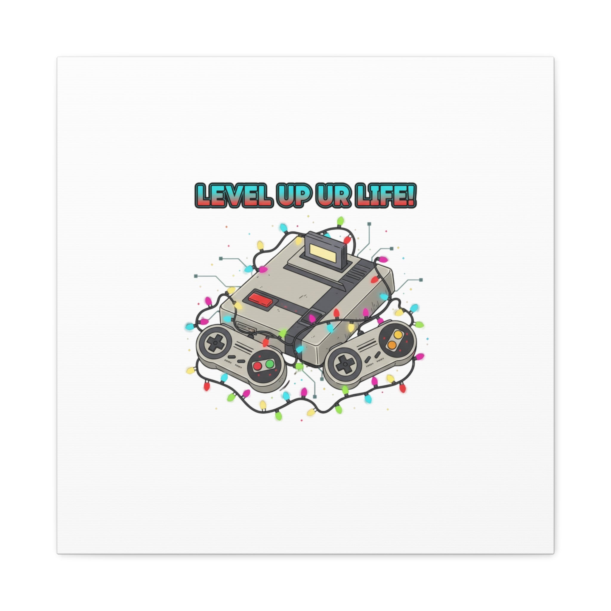 Level Up UR Life Canvas | Gamer Wall Art, Retro Controller, Holiday Lights