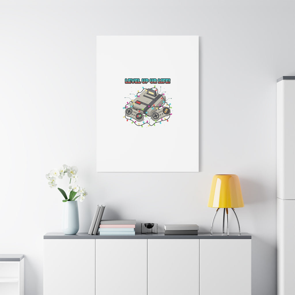Level Up UR Life Canvas | Gamer Wall Art, Retro Controller, Holiday Lights