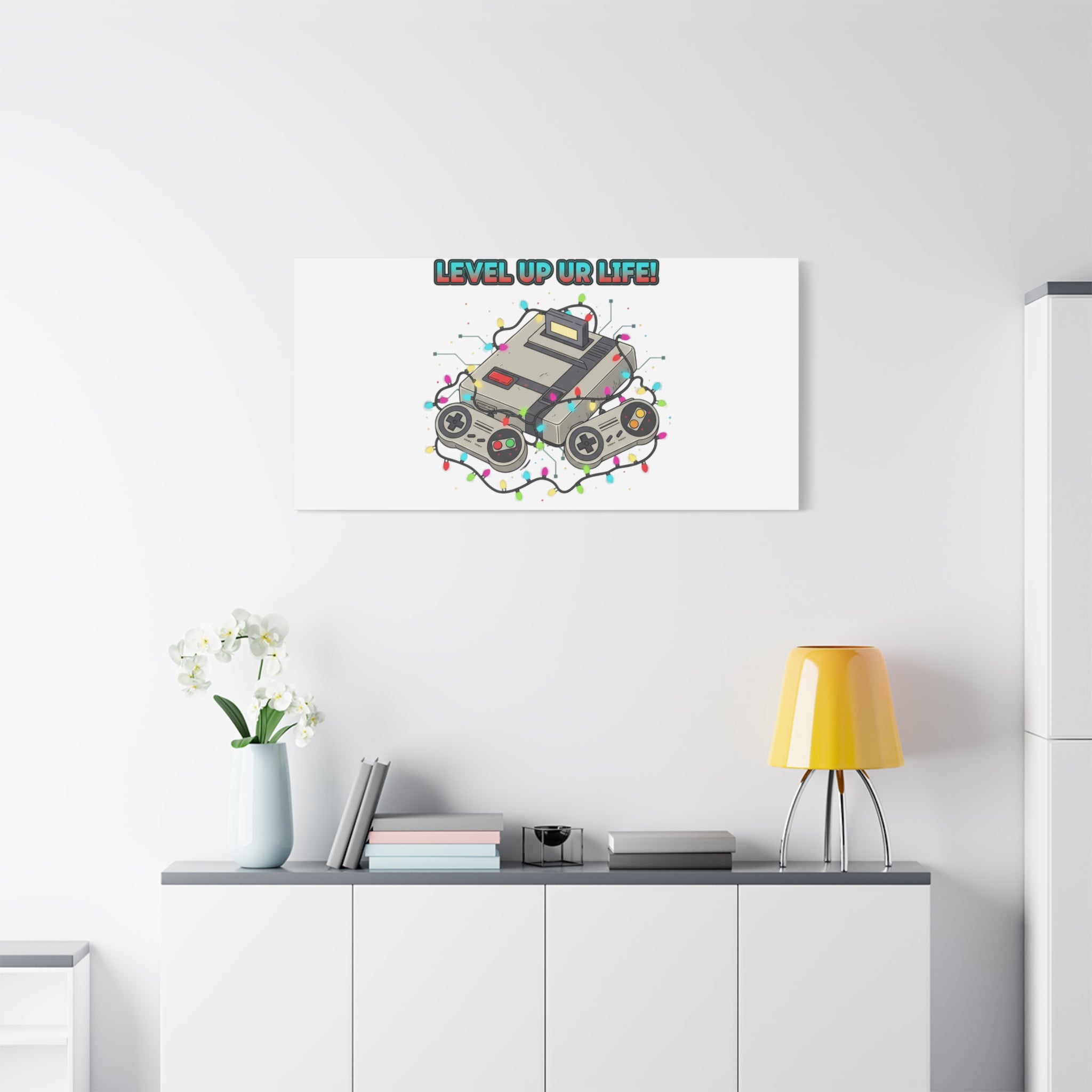 Level Up UR Life Canvas | Gamer Wall Art, Retro Controller, Holiday Lights