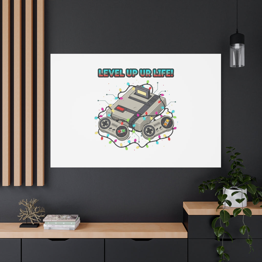 Level Up UR Life Canvas | Gamer Wall Art, Retro Controller, Holiday Lights