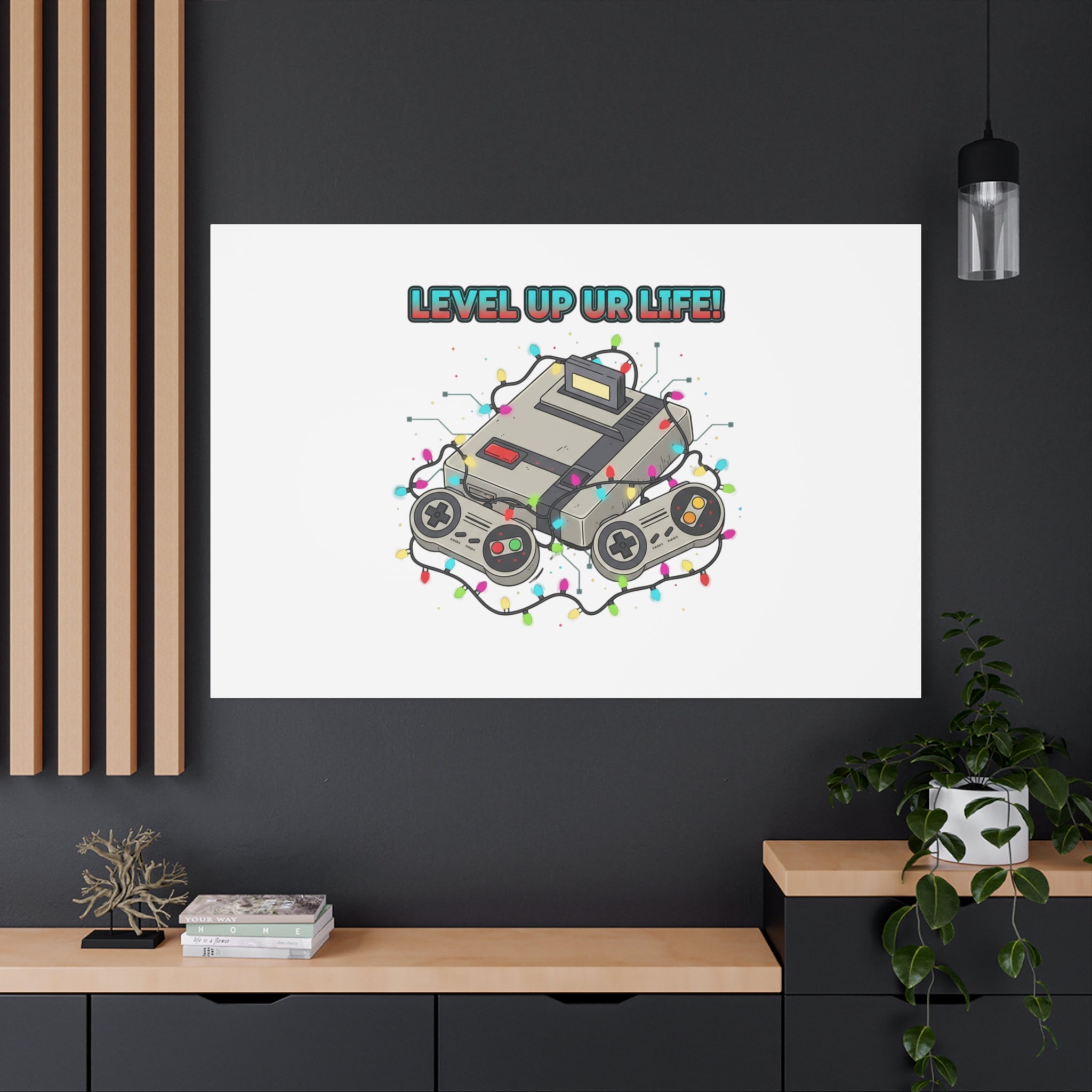 Level Up UR Life Canvas | Gamer Wall Art, Retro Controller, Holiday Lights