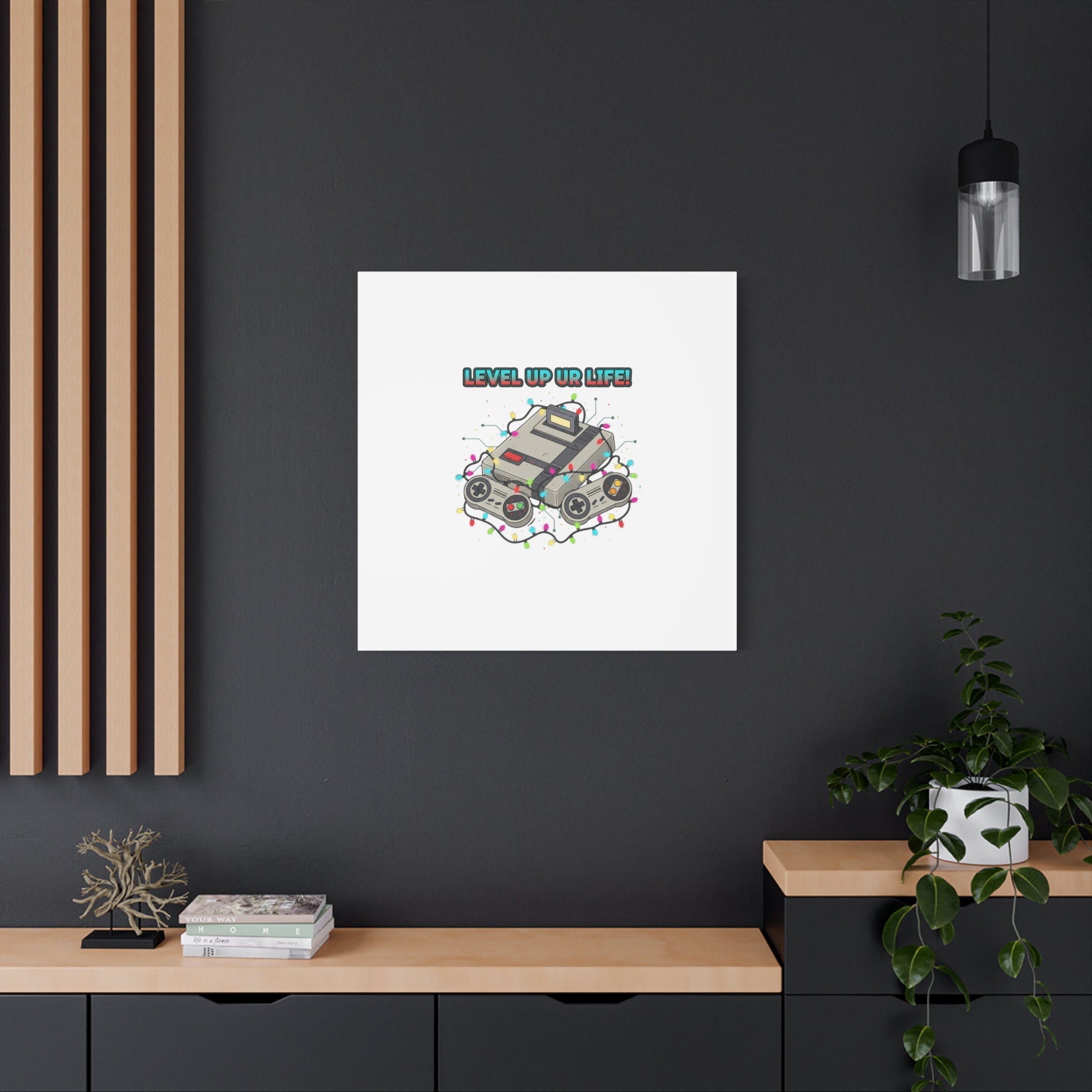 Level Up UR Life Canvas | Gamer Wall Art, Retro Controller, Holiday Lights