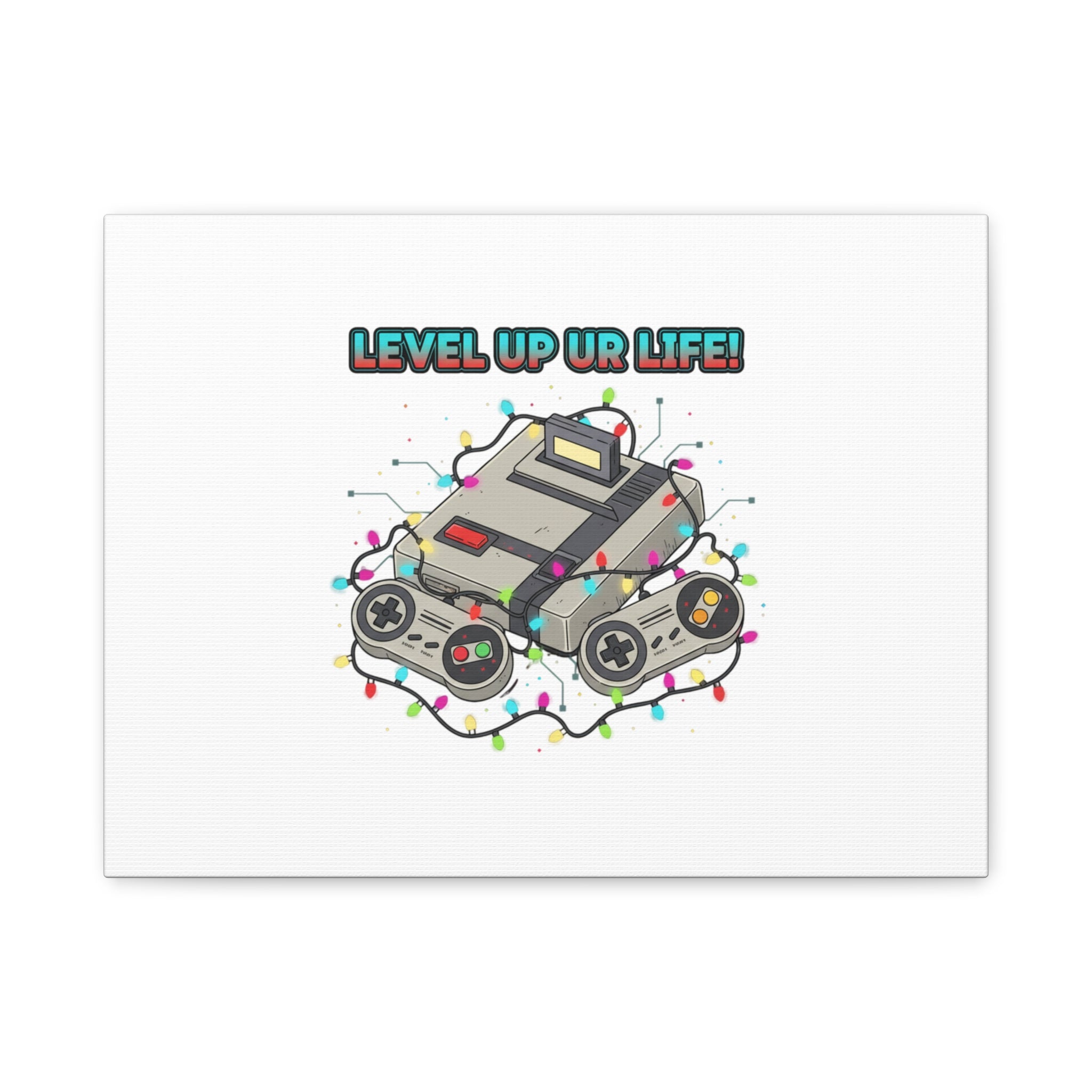 Level Up UR Life Canvas | Gamer Wall Art, Retro Controller, Holiday Lights