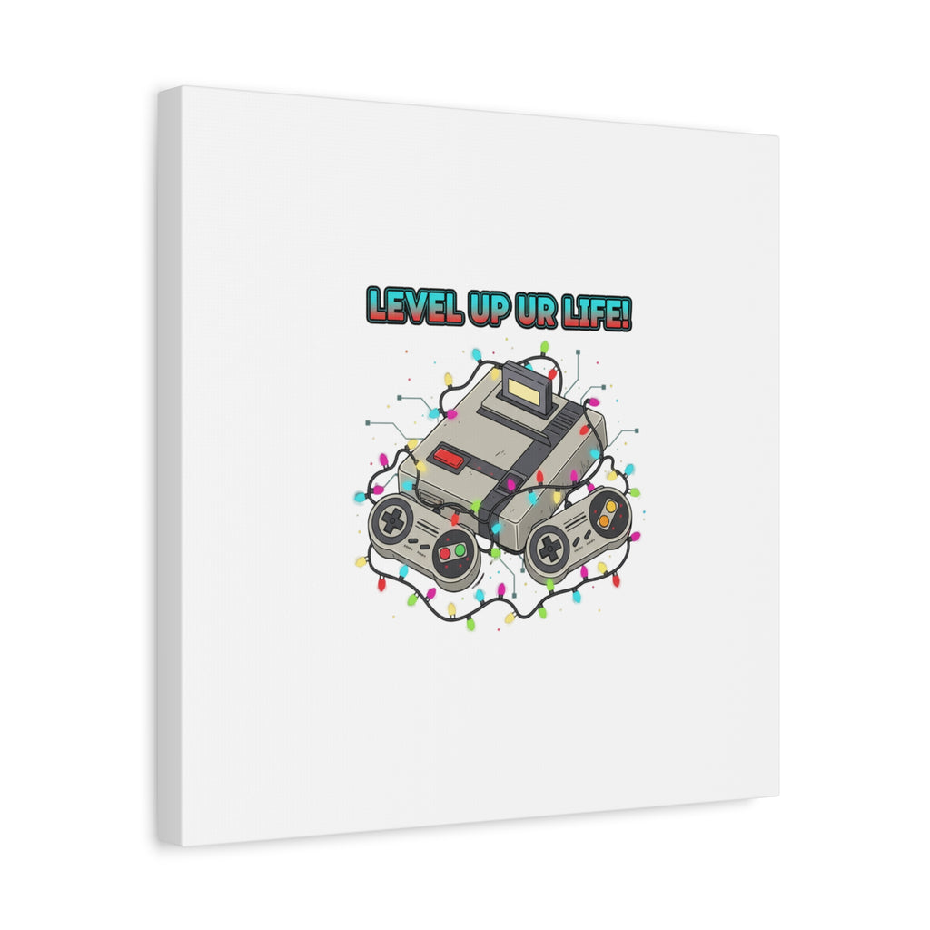 Level Up UR Life Canvas | Gamer Wall Art, Retro Controller, Holiday Lights