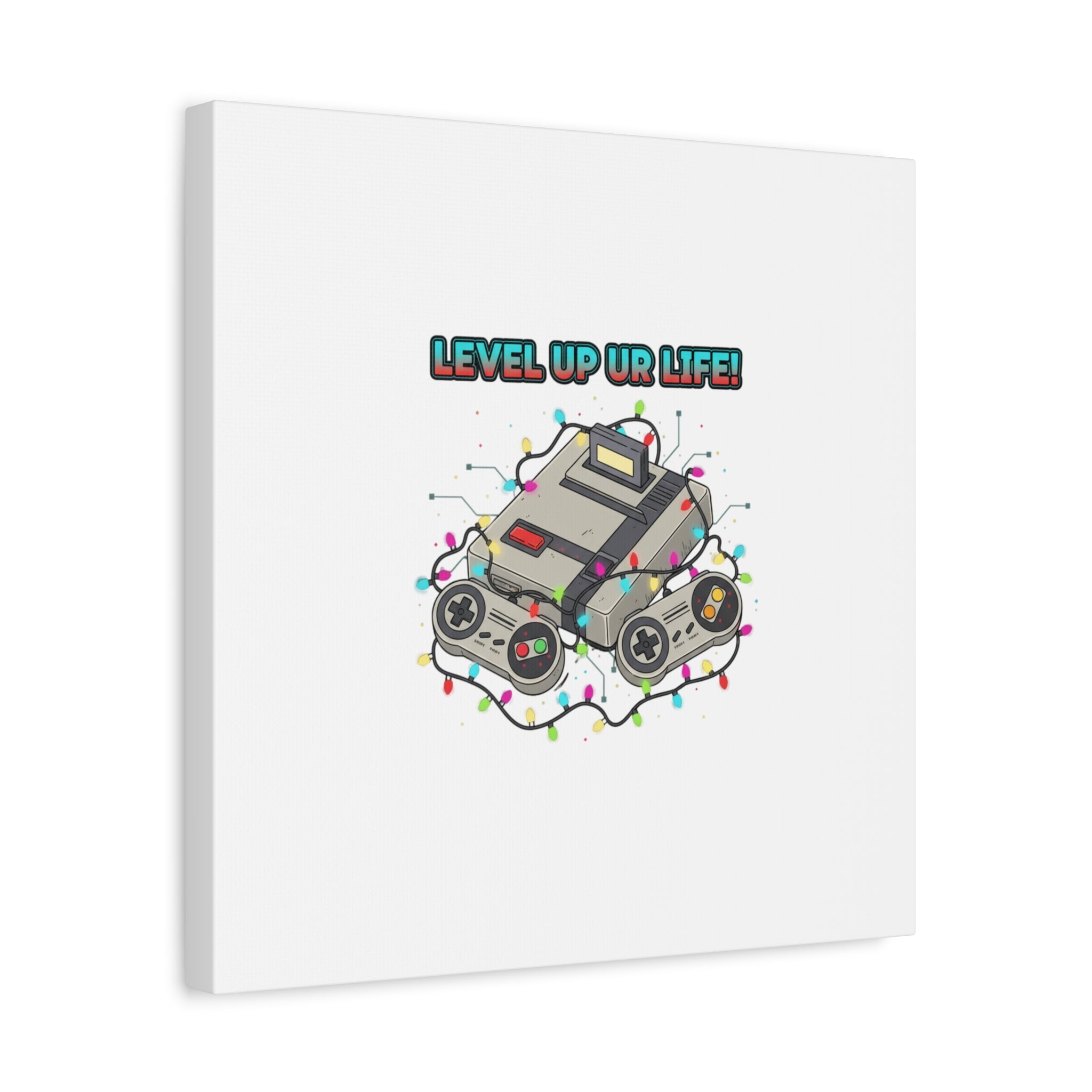 Level Up UR Life Canvas | Gamer Wall Art, Retro Controller, Holiday Lights