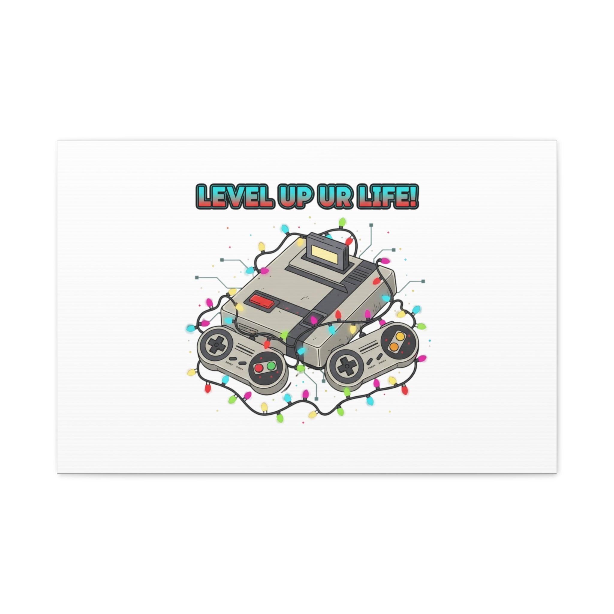 Level Up UR Life Canvas | Gamer Wall Art, Retro Controller, Holiday Lights
