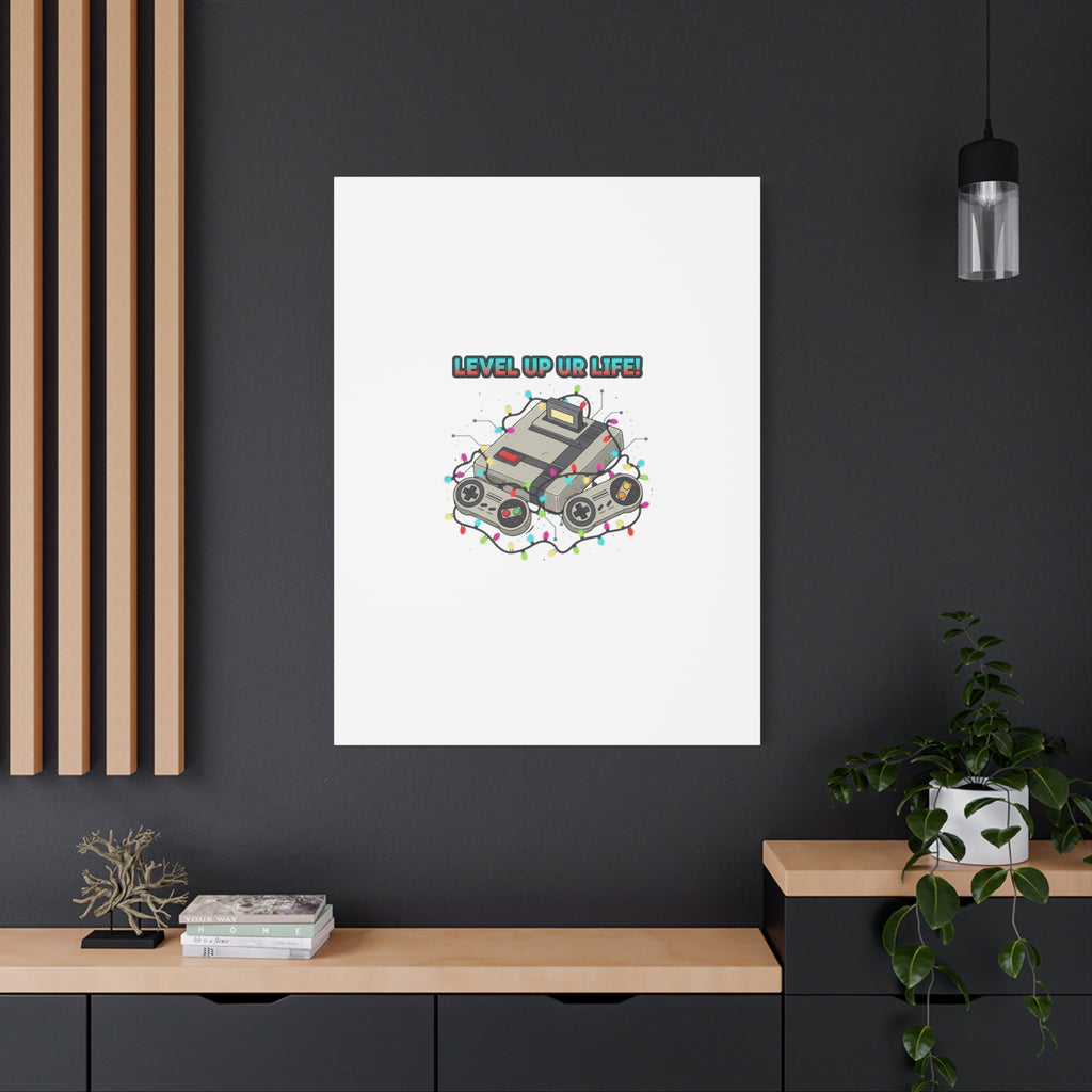 Level Up UR Life Canvas | Gamer Wall Art, Retro Controller, Holiday Lights