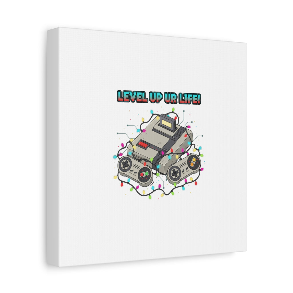 Level Up UR Life Canvas | Gamer Wall Art, Retro Controller, Holiday Lights