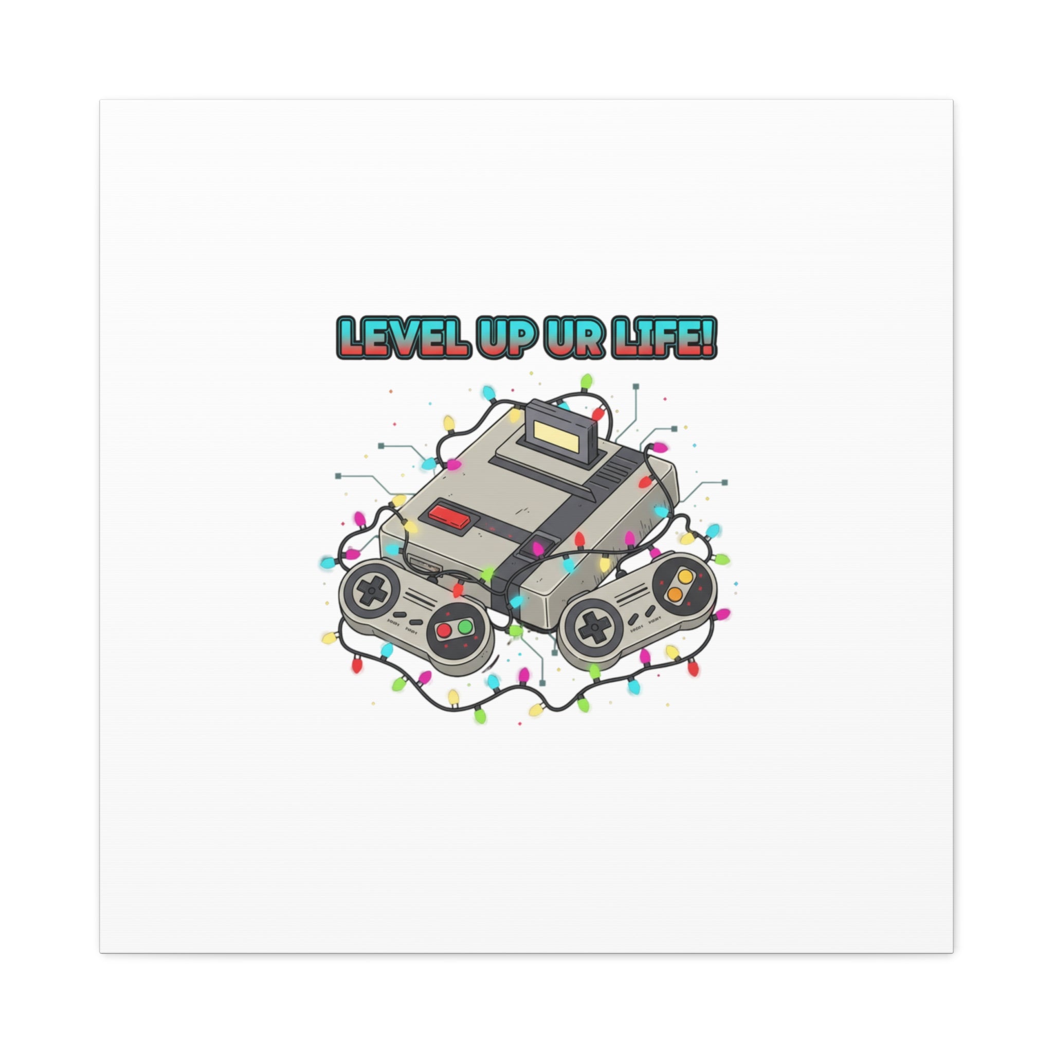 Level Up UR Life Canvas | Gamer Wall Art, Retro Controller, Holiday Lights