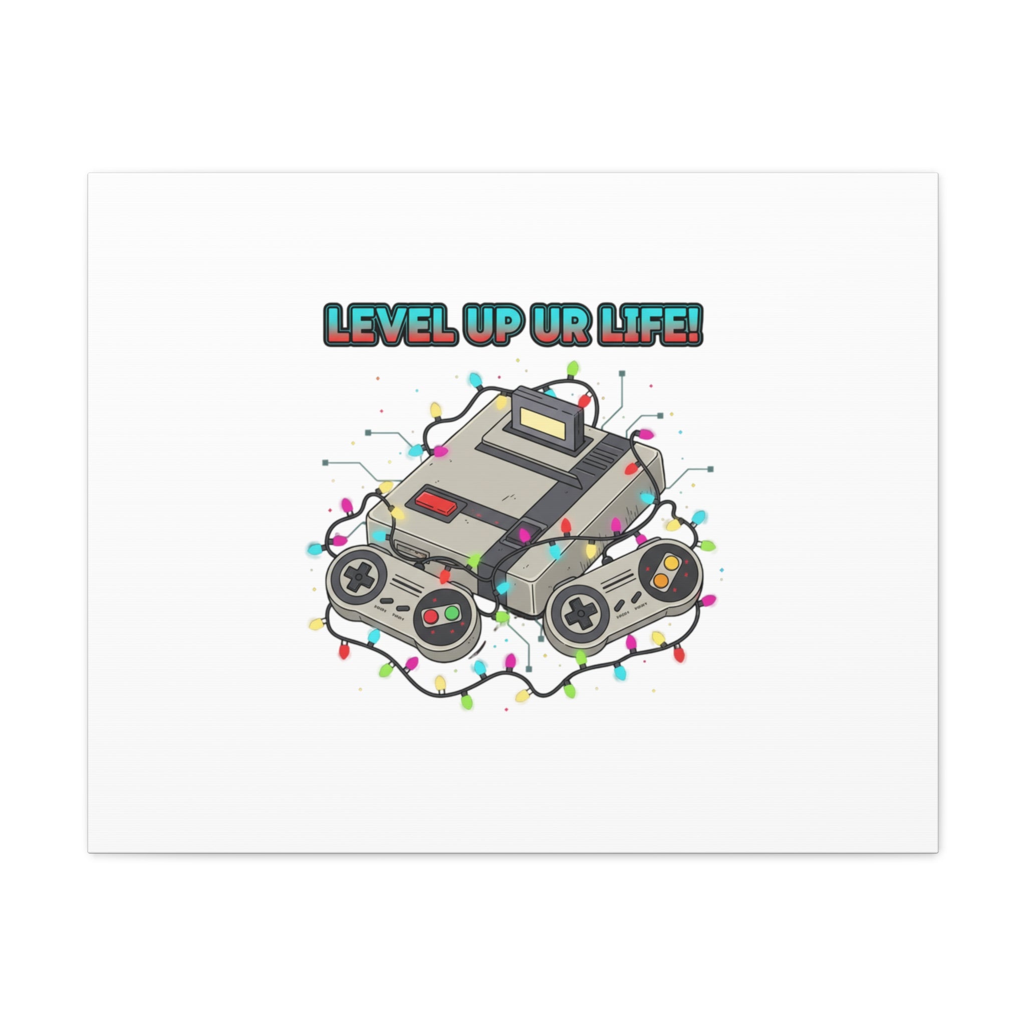 Level Up UR Life Canvas | Gamer Wall Art, Retro Controller, Holiday Lights