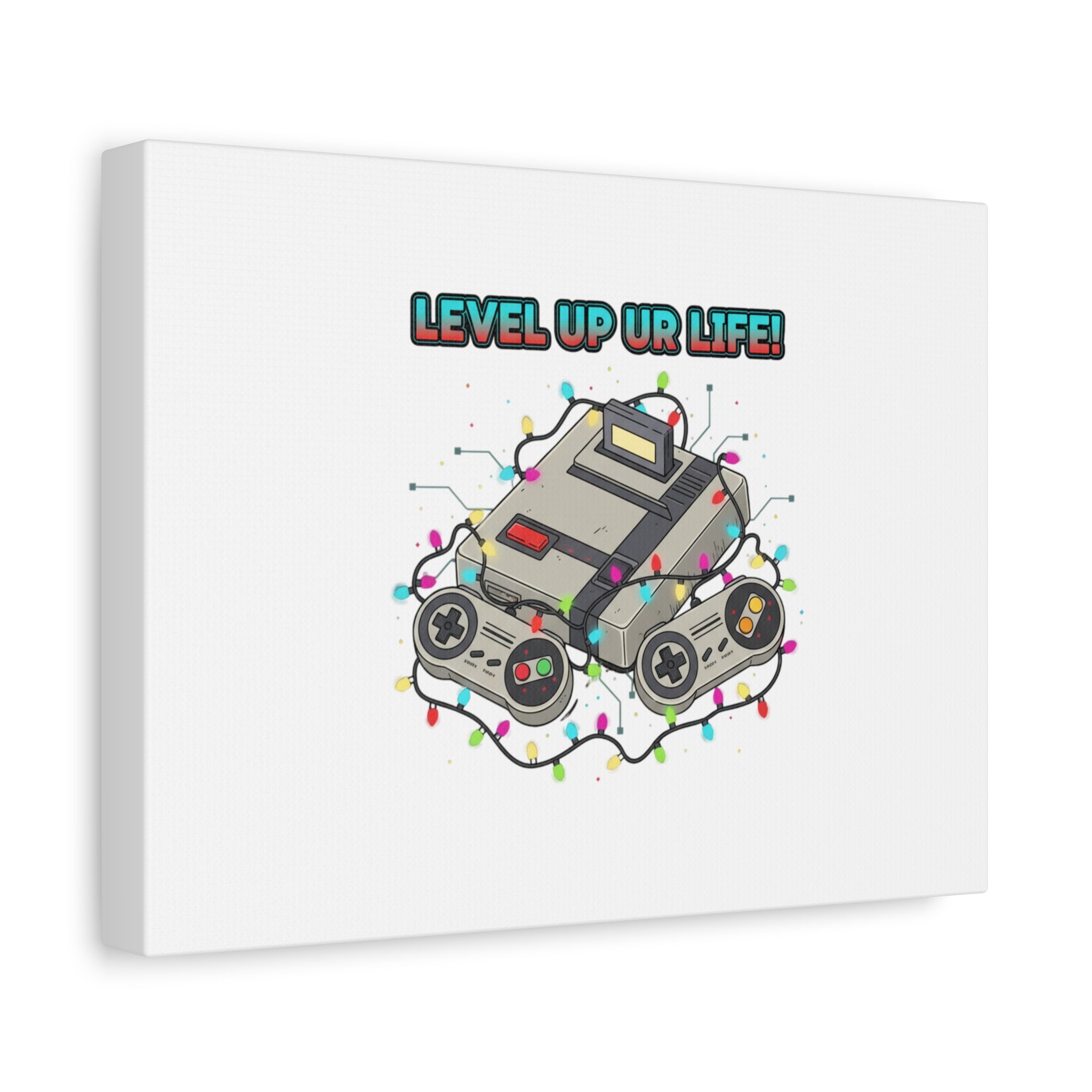 Level Up UR Life Canvas | Gamer Wall Art, Retro Controller, Holiday Lights