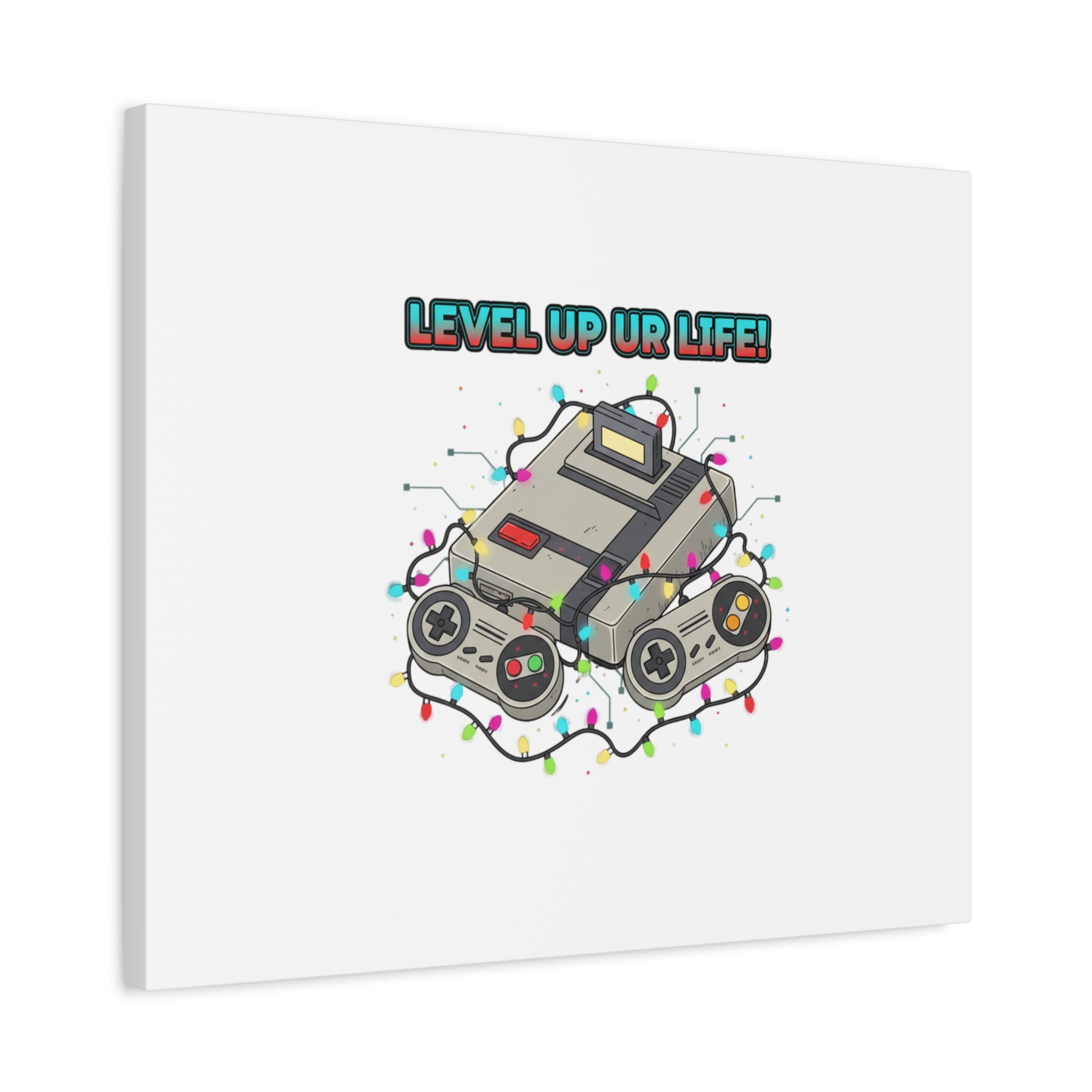 Level Up UR Life Canvas | Gamer Wall Art, Retro Controller, Holiday Lights