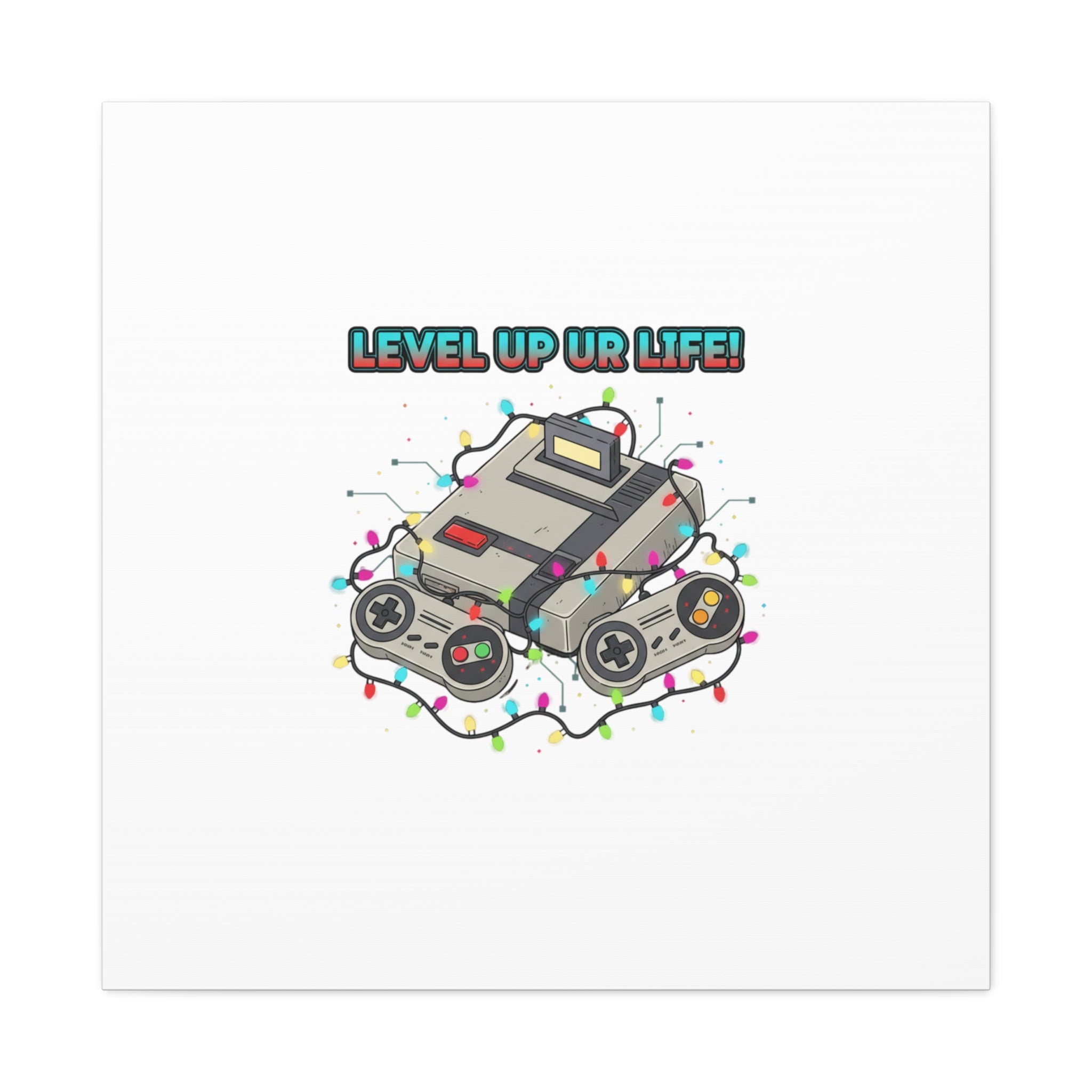 Level Up UR Life Canvas | Gamer Wall Art, Retro Controller, Holiday Lights