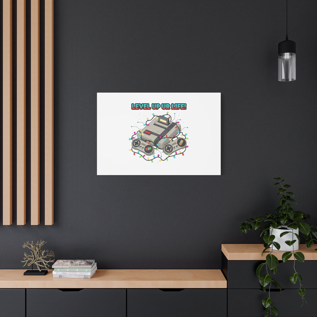 Level Up UR Life Canvas | Gamer Wall Art, Retro Controller, Holiday Lights