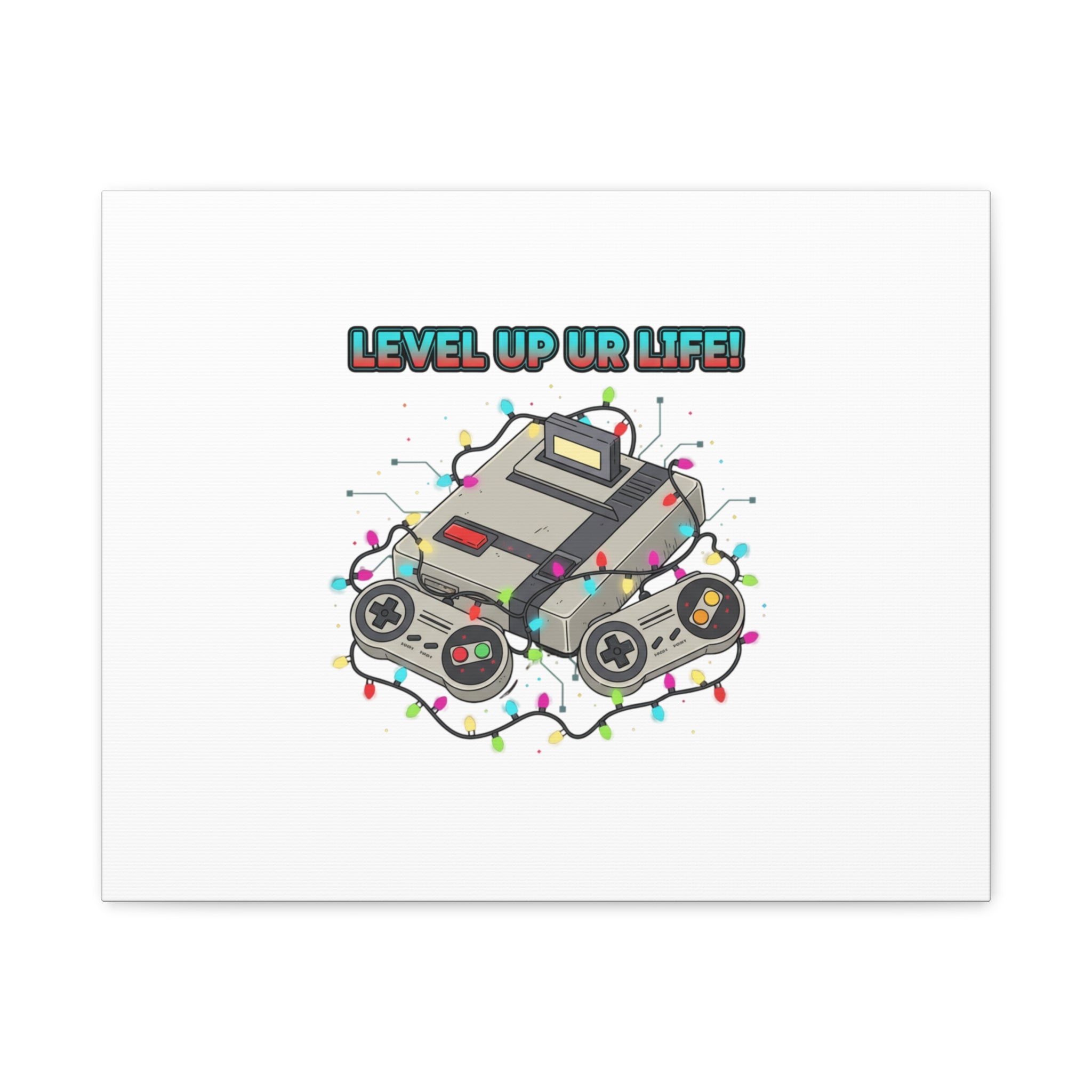 Level Up UR Life Canvas | Gamer Wall Art, Retro Controller, Holiday Lights