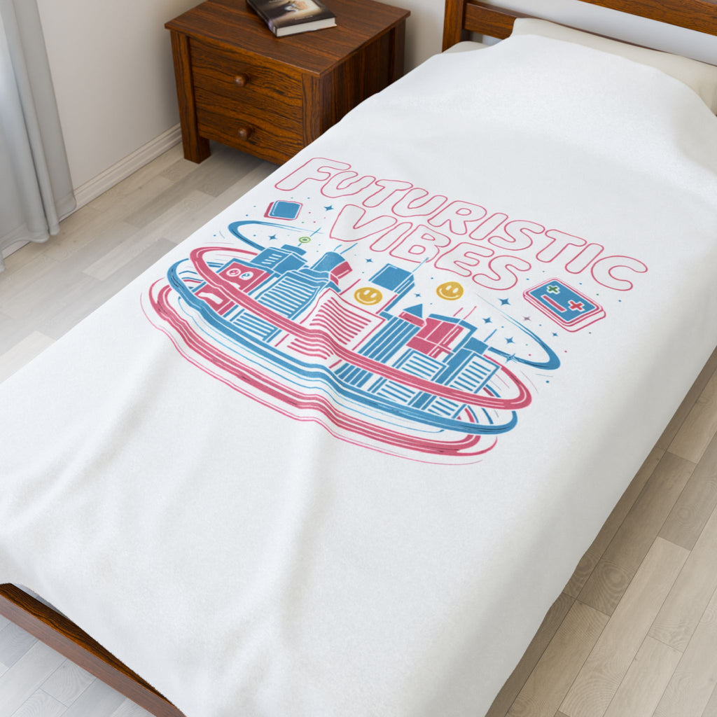 Futuristic Vibes Velveteen Blanket | Y2K Cyber Holo, Retro Tech Print