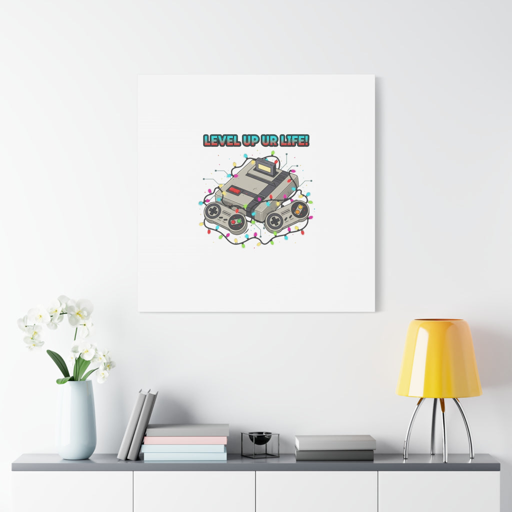 Level Up UR Life Canvas | Gamer Wall Art, Retro Controller, Holiday Lights
