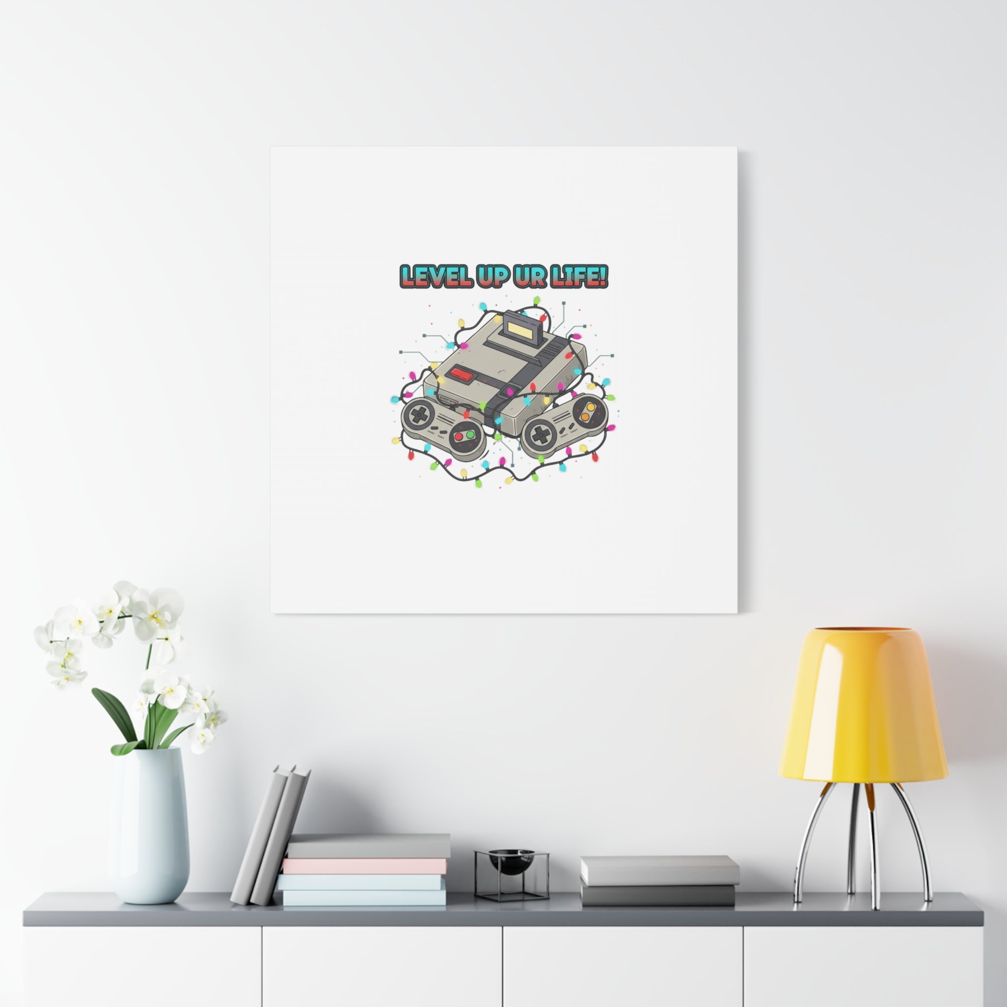 Level Up UR Life Canvas | Gamer Wall Art, Retro Controller, Holiday Lights
