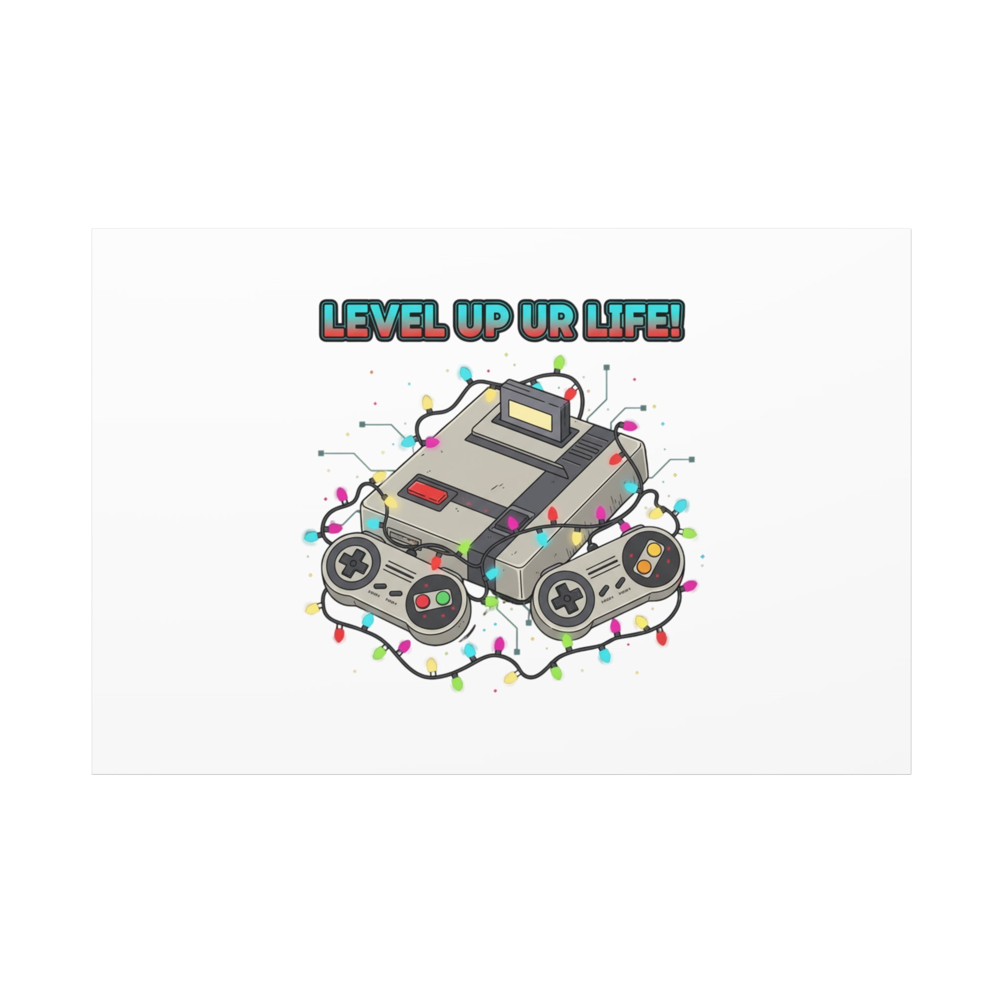 Level Up UR Life Canvas | Gamer Wall Art, Retro Controller, Holiday Lights