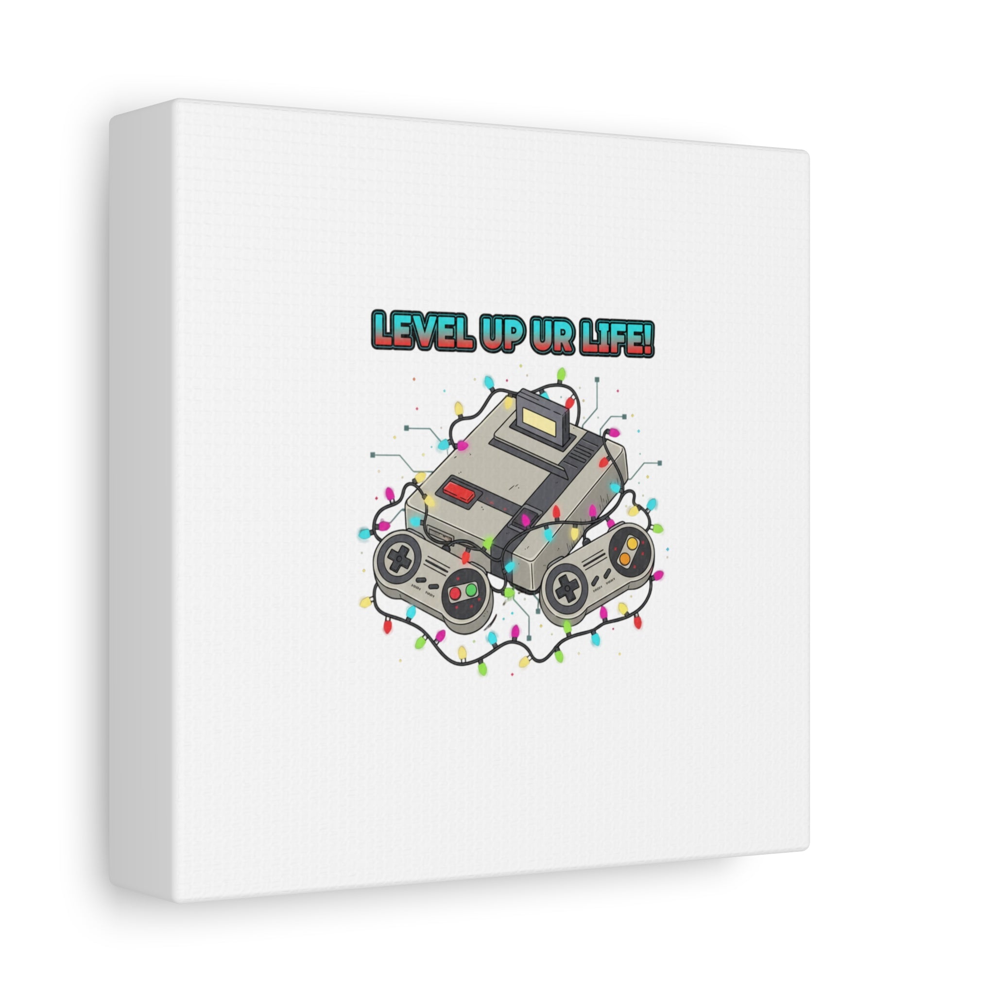 Level Up UR Life Canvas | Gamer Wall Art, Retro Controller, Holiday Lights