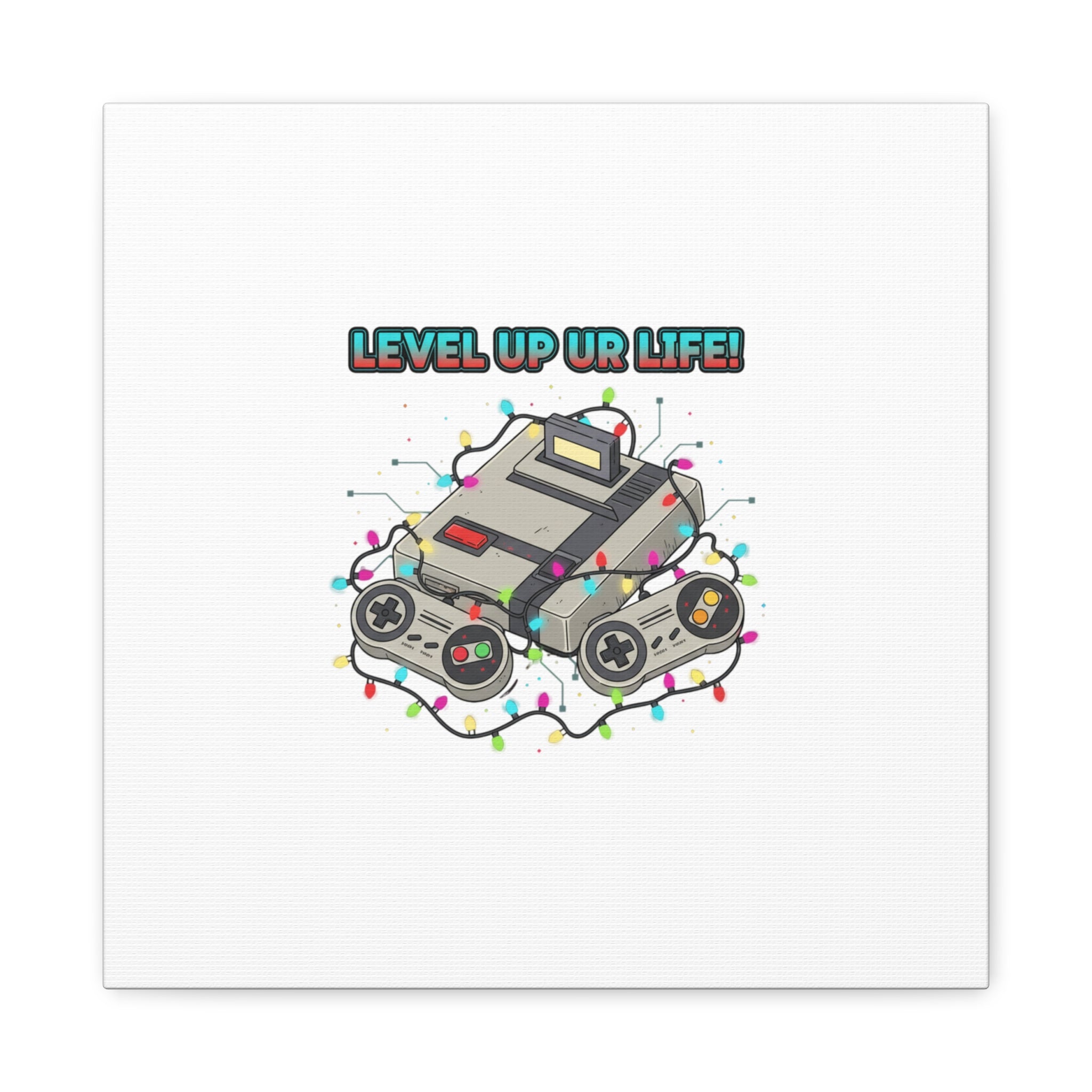 Level Up UR Life Canvas | Gamer Wall Art, Retro Controller, Holiday Lights