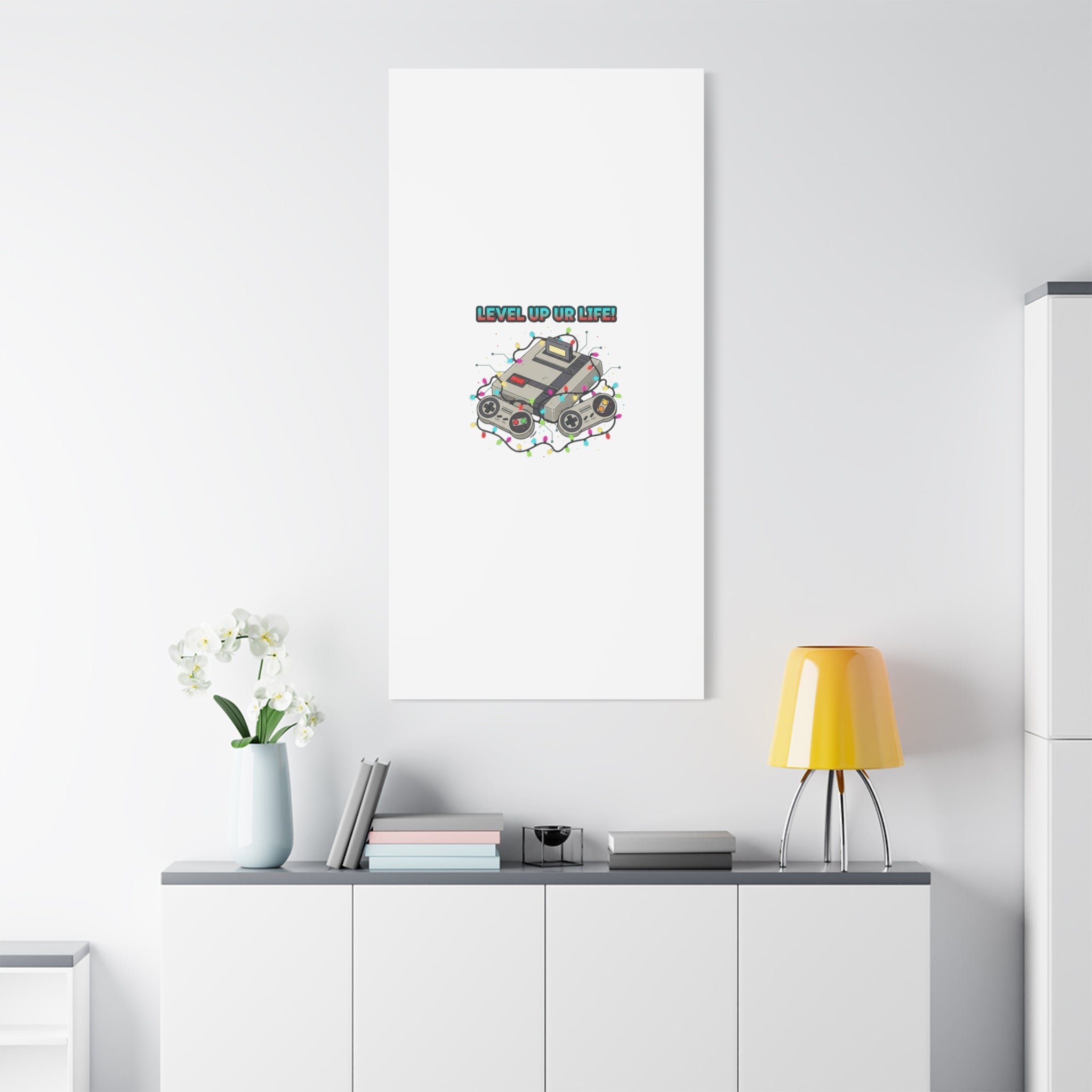 Level Up UR Life Canvas | Gamer Wall Art, Retro Controller, Holiday Lights