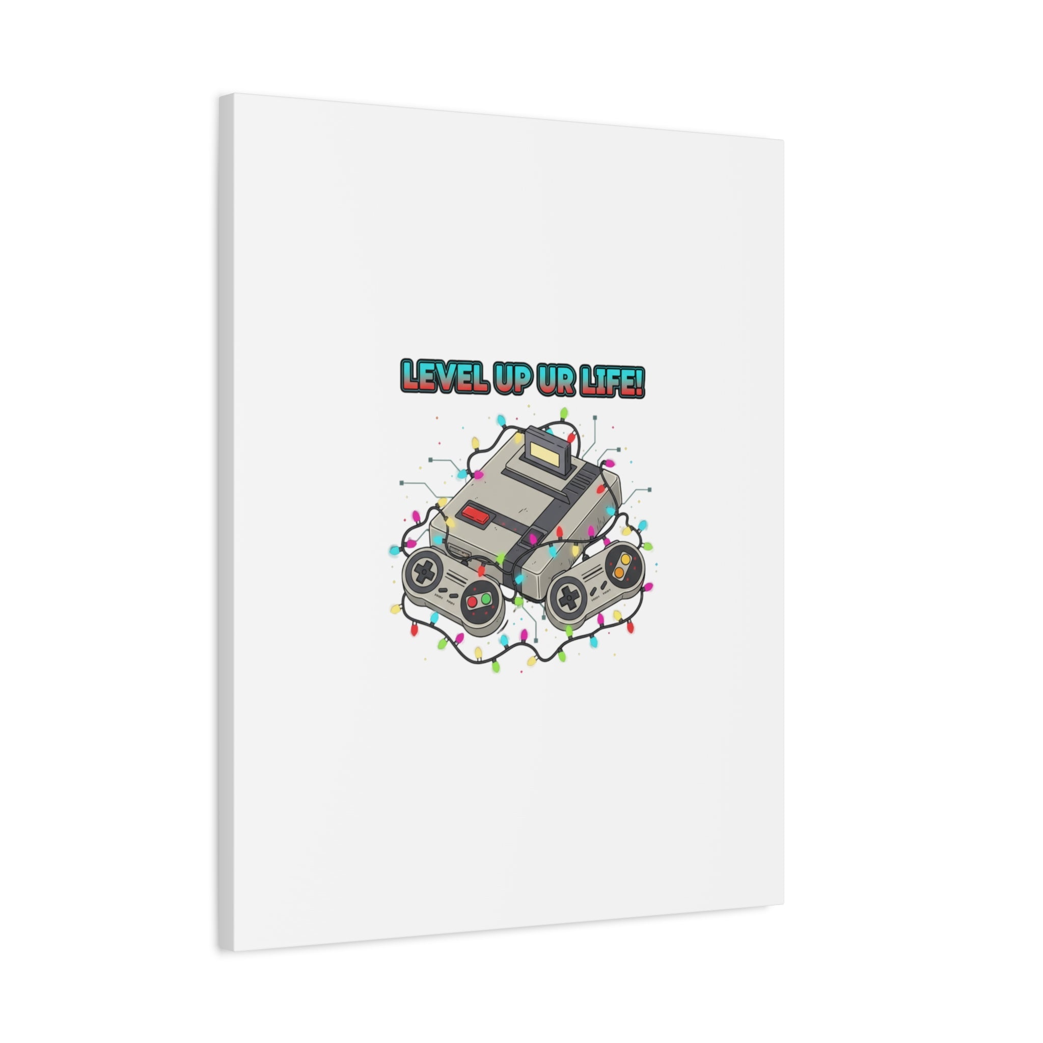 Level Up UR Life Canvas | Gamer Wall Art, Retro Controller, Holiday Lights