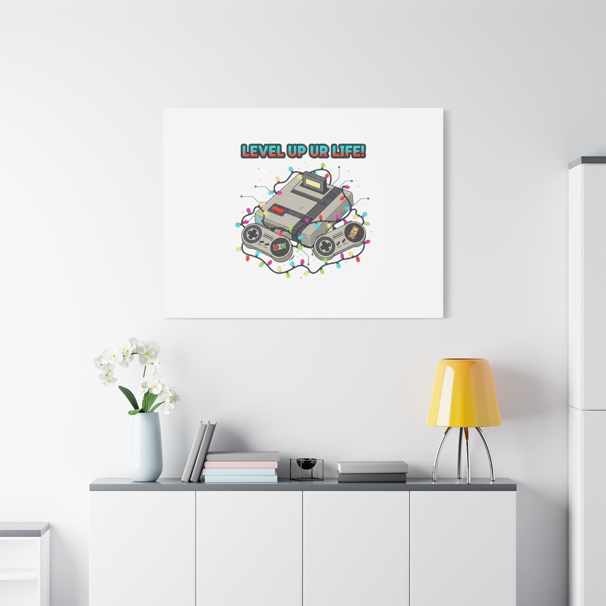 Level Up UR Life Canvas | Gamer Wall Art, Retro Controller, Holiday Lights