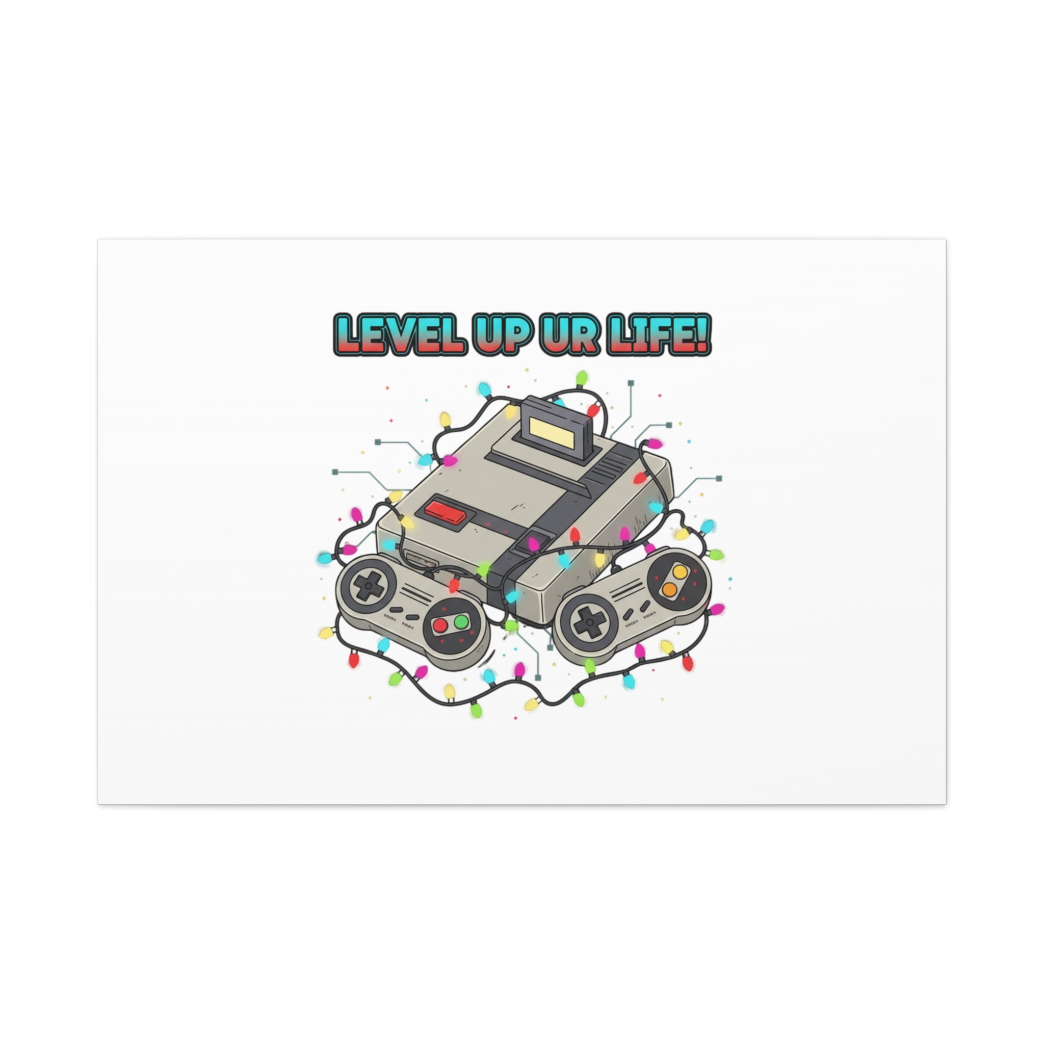Level Up UR Life Canvas | Gamer Wall Art, Retro Controller, Holiday Lights