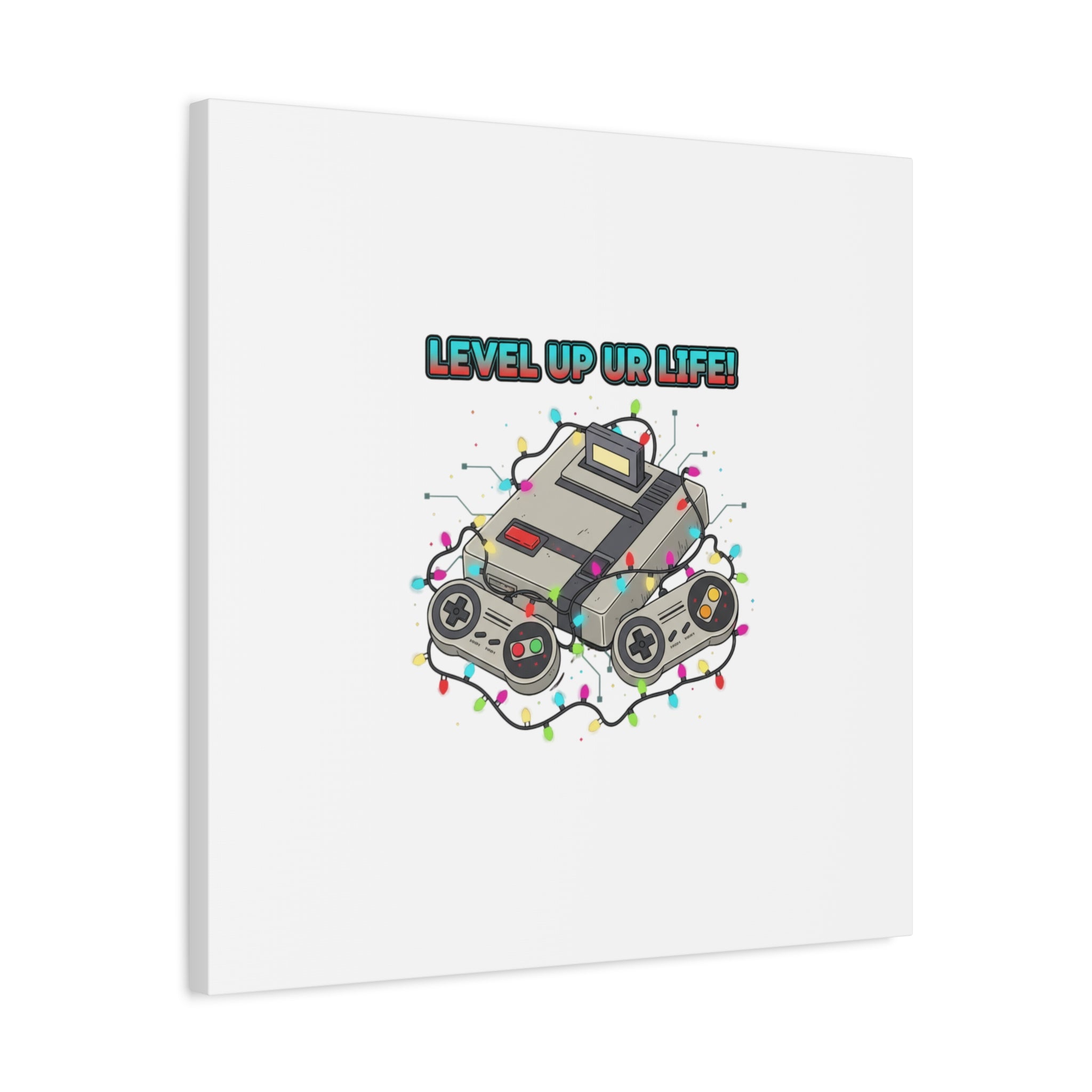 Level Up UR Life Canvas | Gamer Wall Art, Retro Controller, Holiday Lights