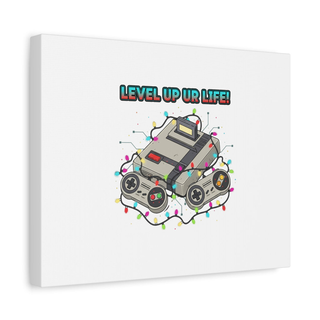 Level Up UR Life Canvas | Gamer Wall Art, Retro Controller, Holiday Lights