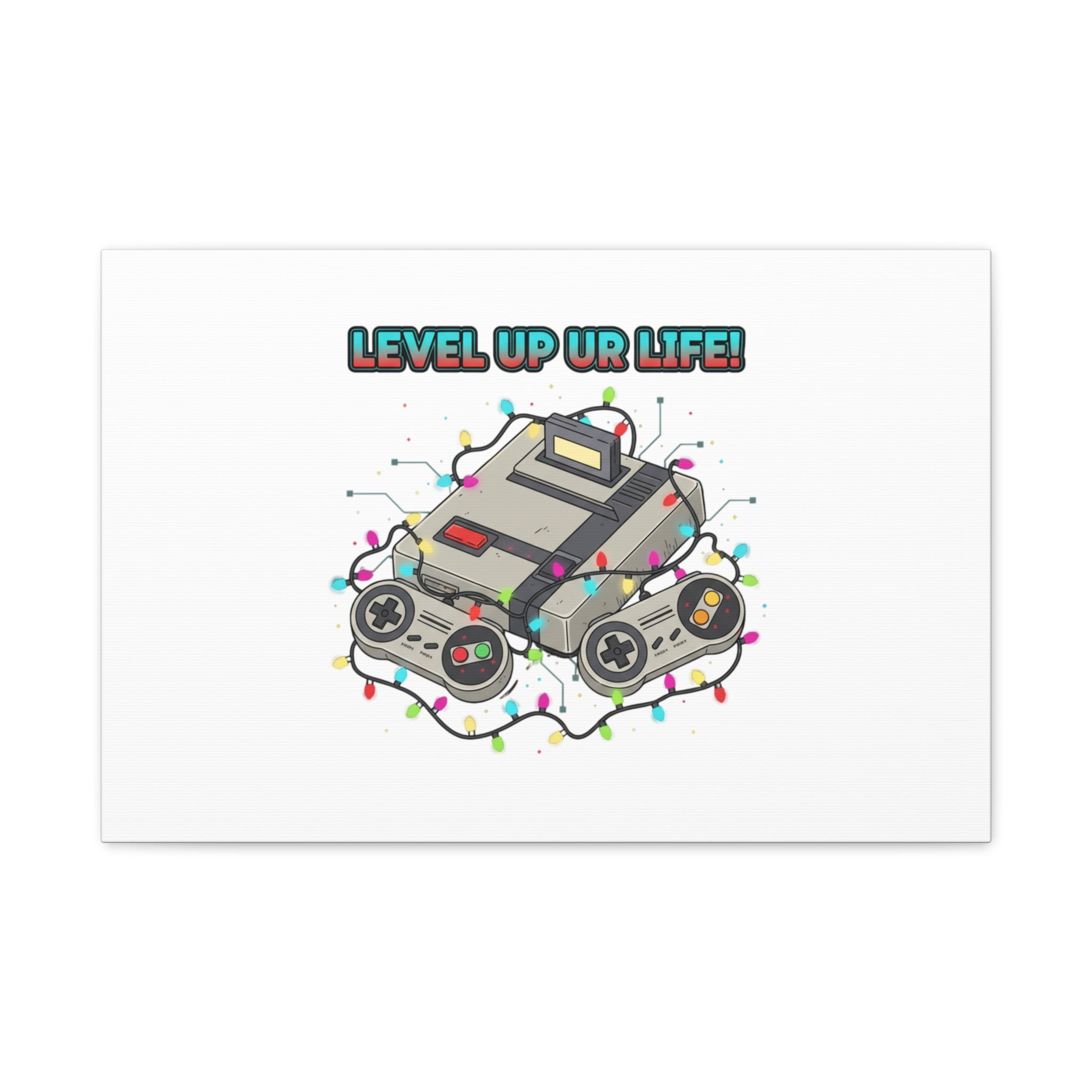 Level Up UR Life Canvas | Gamer Wall Art, Retro Controller, Holiday Lights