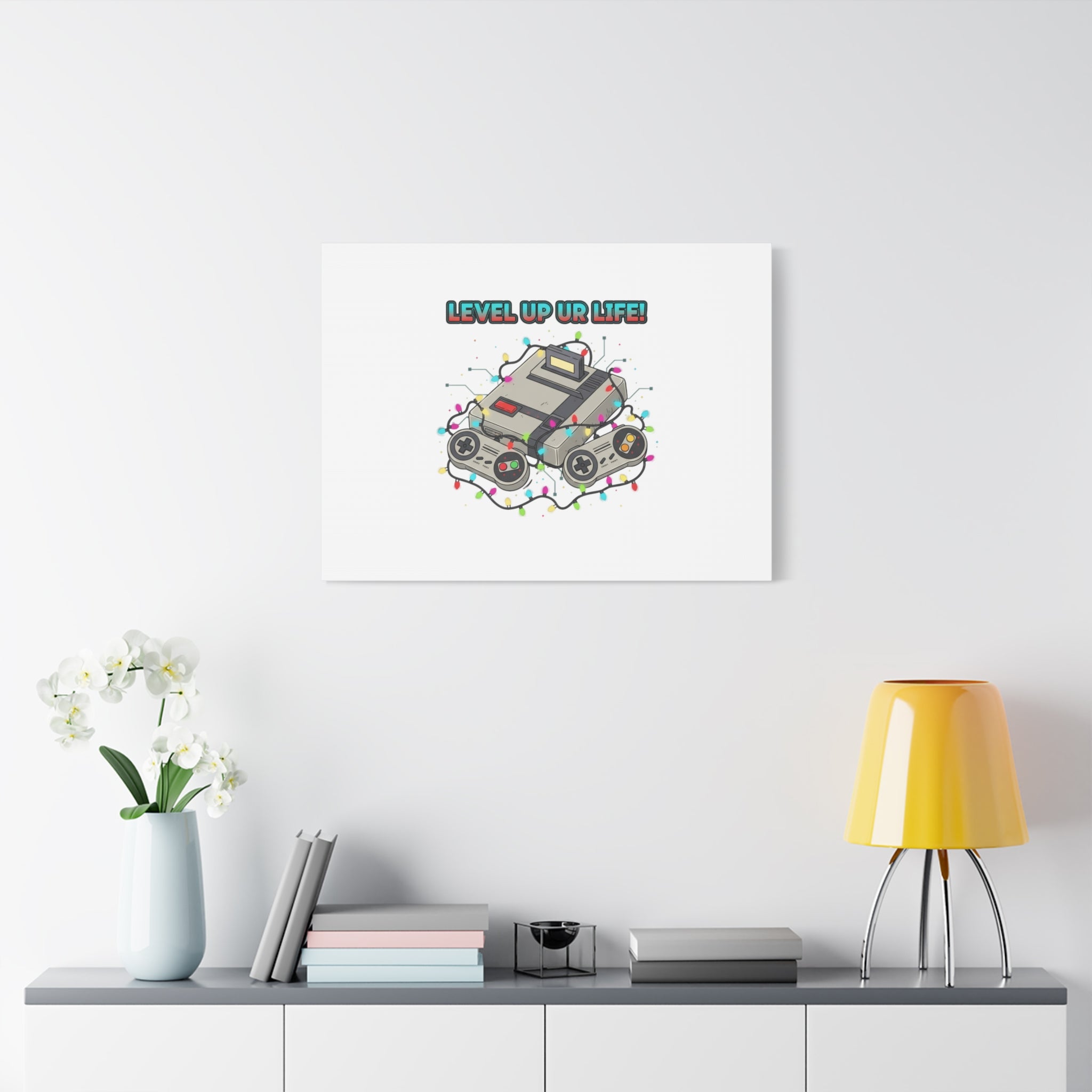 Level Up UR Life Canvas | Gamer Wall Art, Retro Controller, Holiday Lights