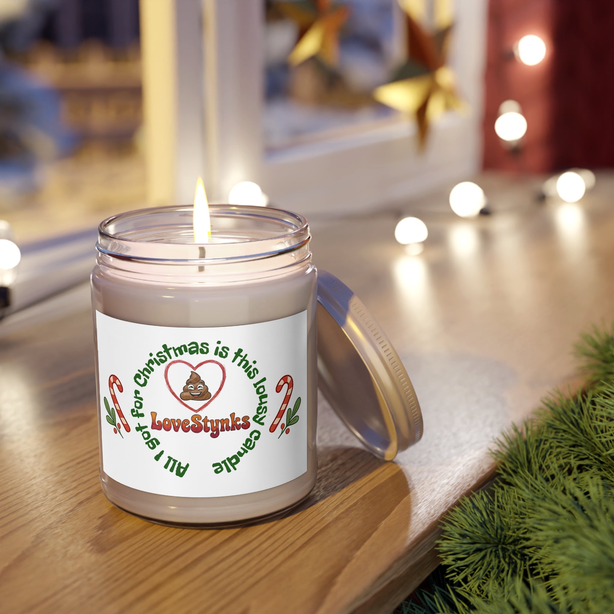 Funny Holiday Soy Candle — "LoveStynks" Christmas Scent (9oz, White Lid)