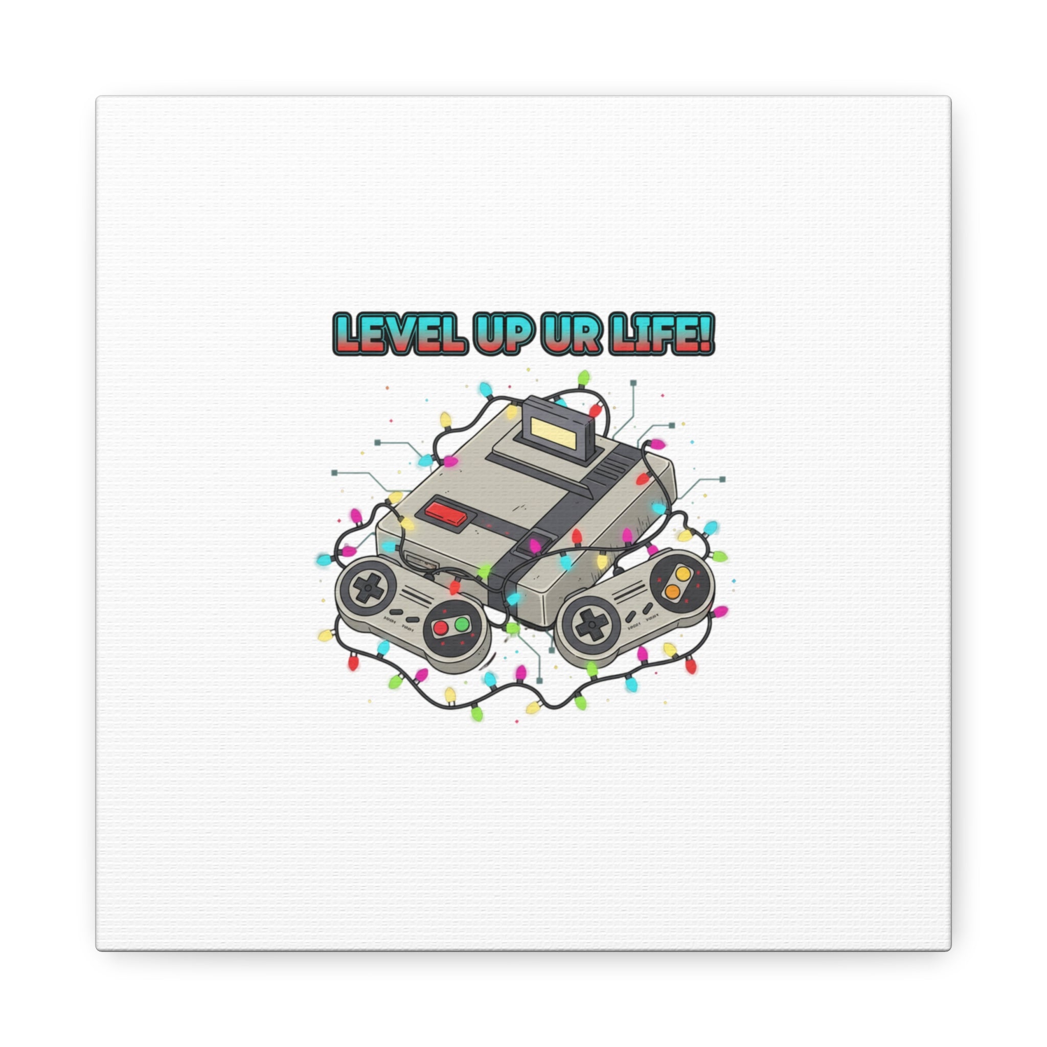 Level Up UR Life Canvas | Gamer Wall Art, Retro Controller, Holiday Lights