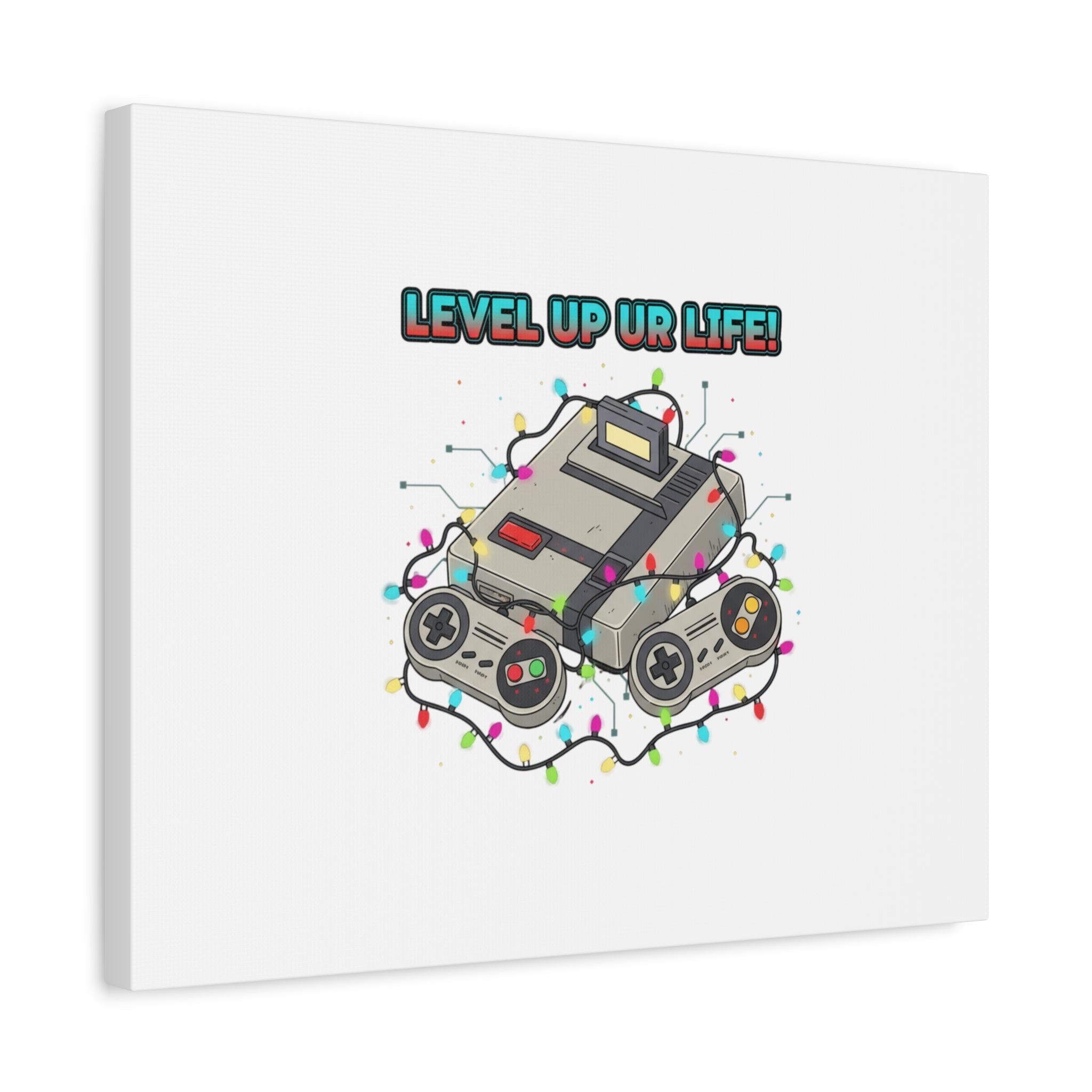 Level Up UR Life Canvas | Gamer Wall Art, Retro Controller, Holiday Lights