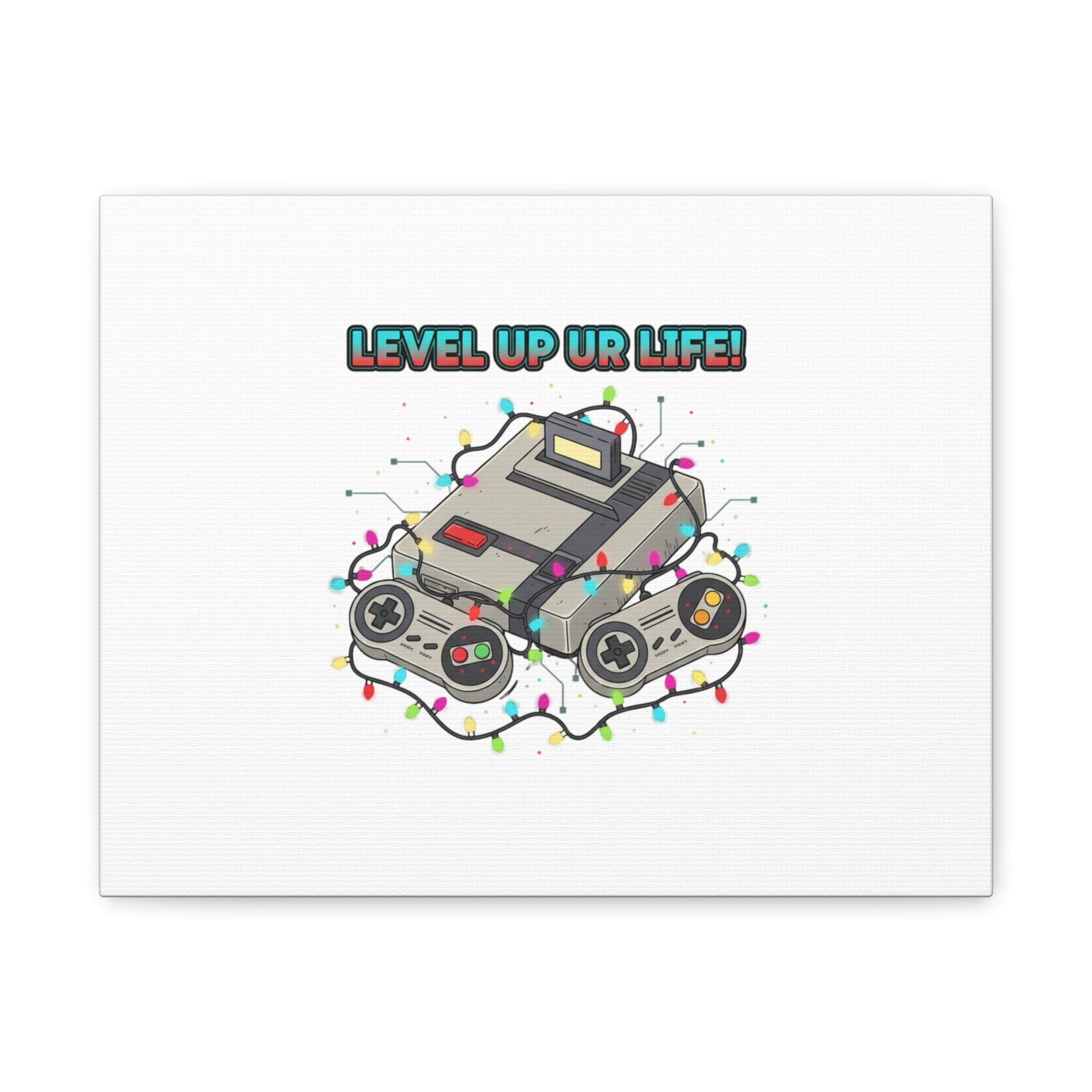 Level Up UR Life Canvas | Gamer Wall Art, Retro Controller, Holiday Lights