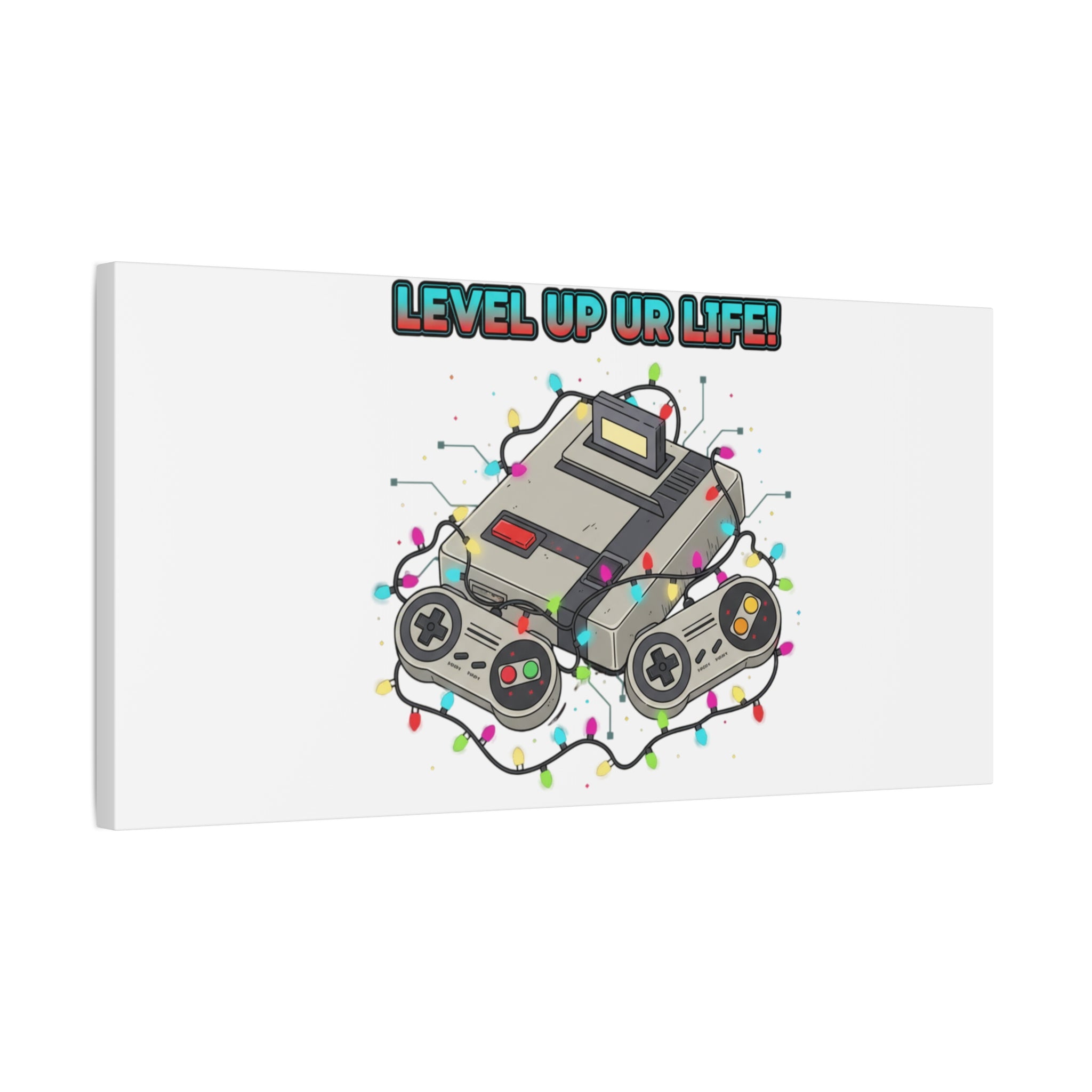 Level Up UR Life Canvas | Gamer Wall Art, Retro Controller, Holiday Lights