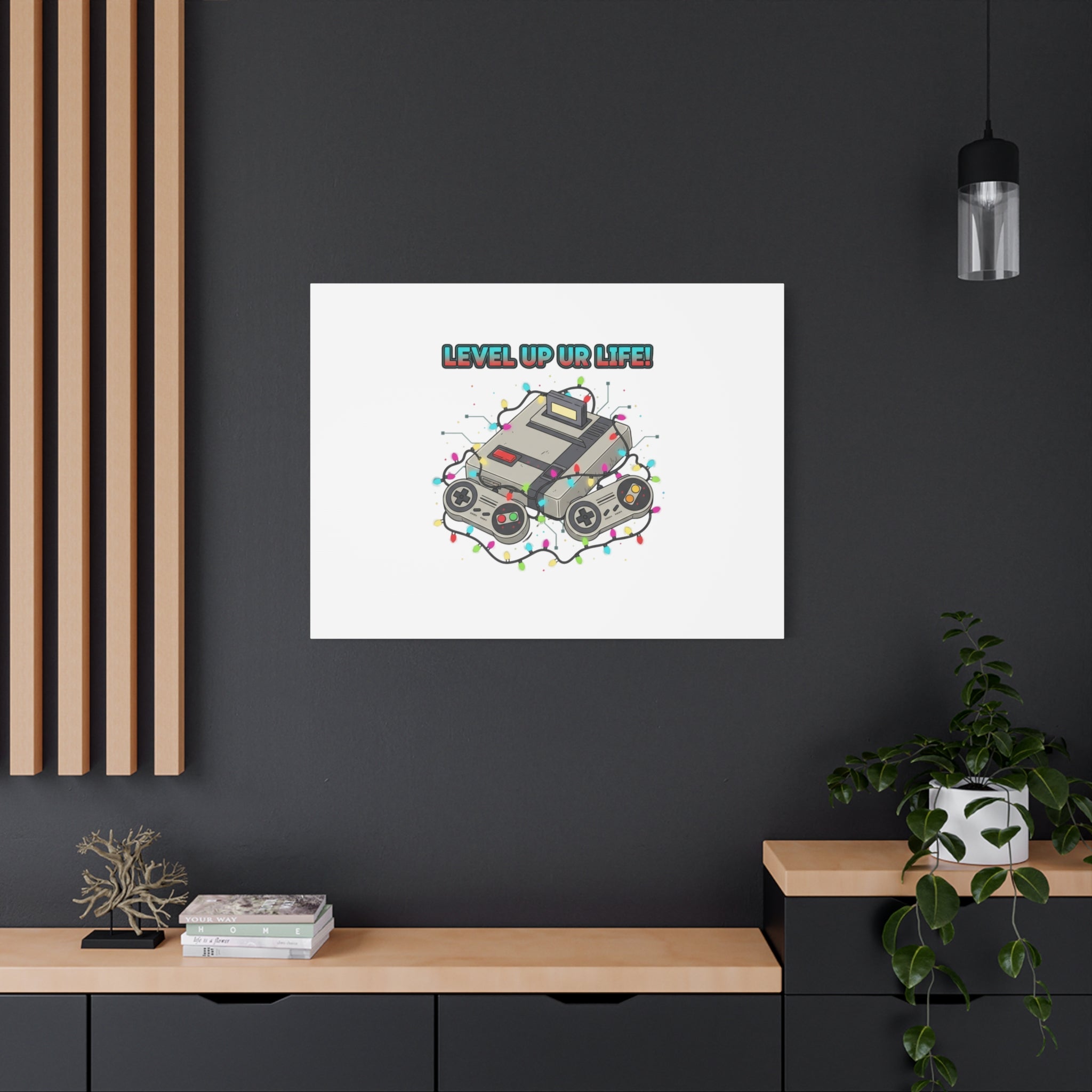 Level Up UR Life Canvas | Gamer Wall Art, Retro Controller, Holiday Lights