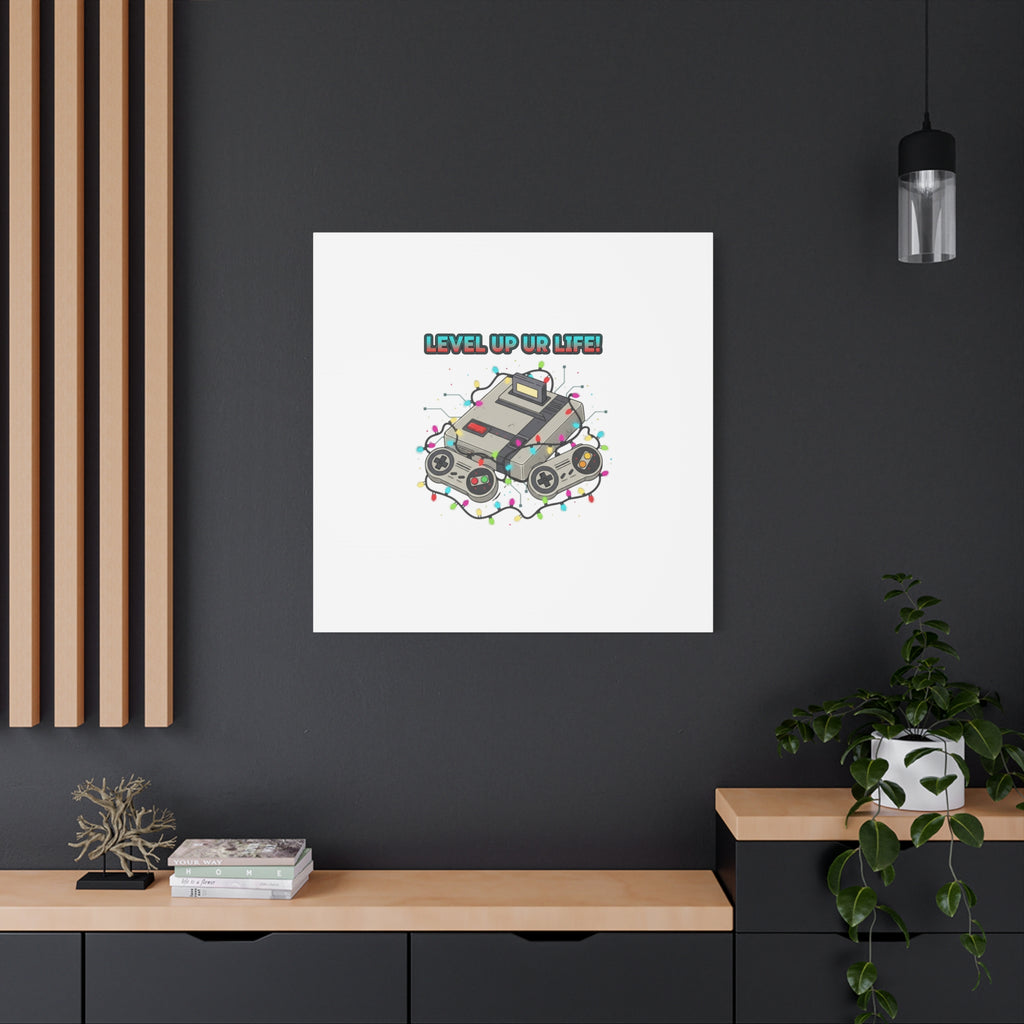 Level Up UR Life Canvas | Gamer Wall Art, Retro Controller, Holiday Lights