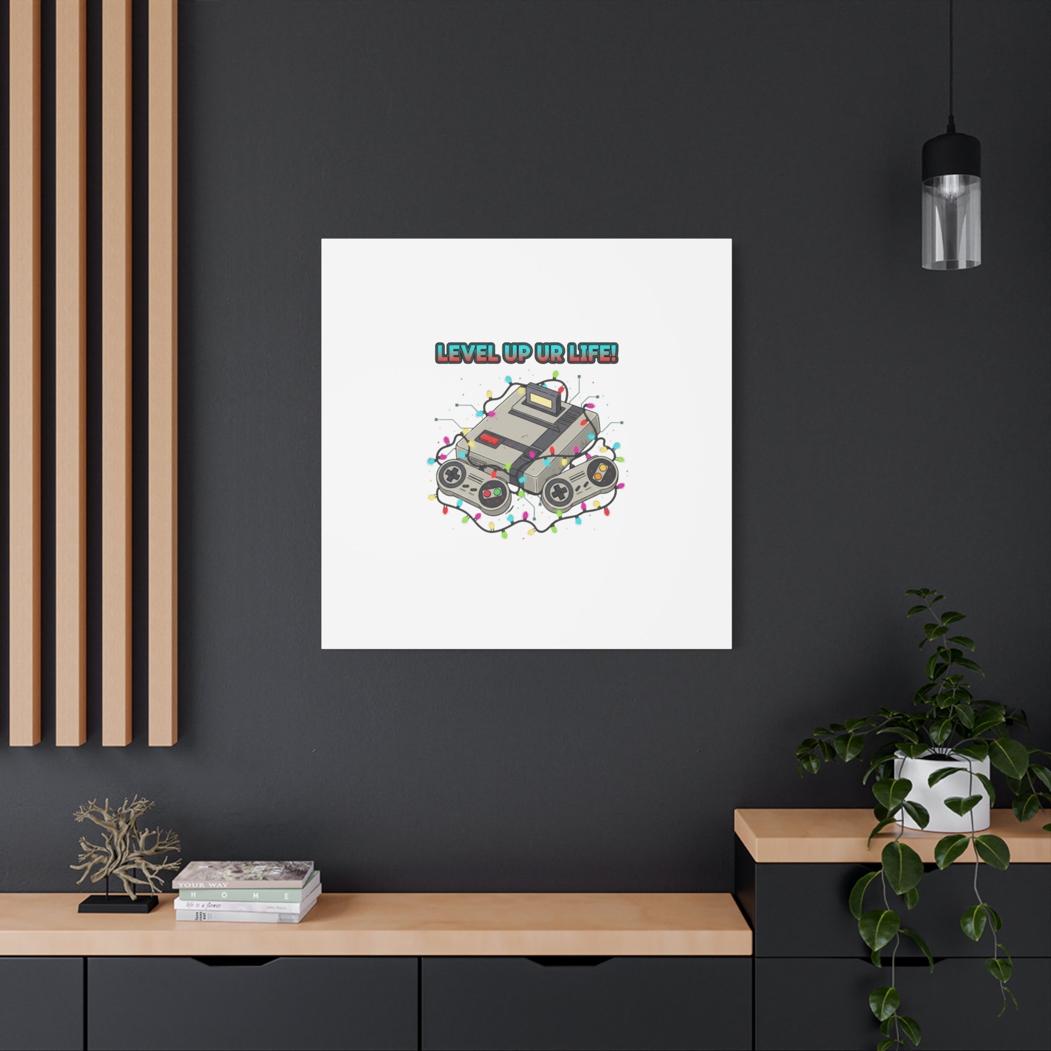 Level Up UR Life Canvas | Gamer Wall Art, Retro Controller, Holiday Lights