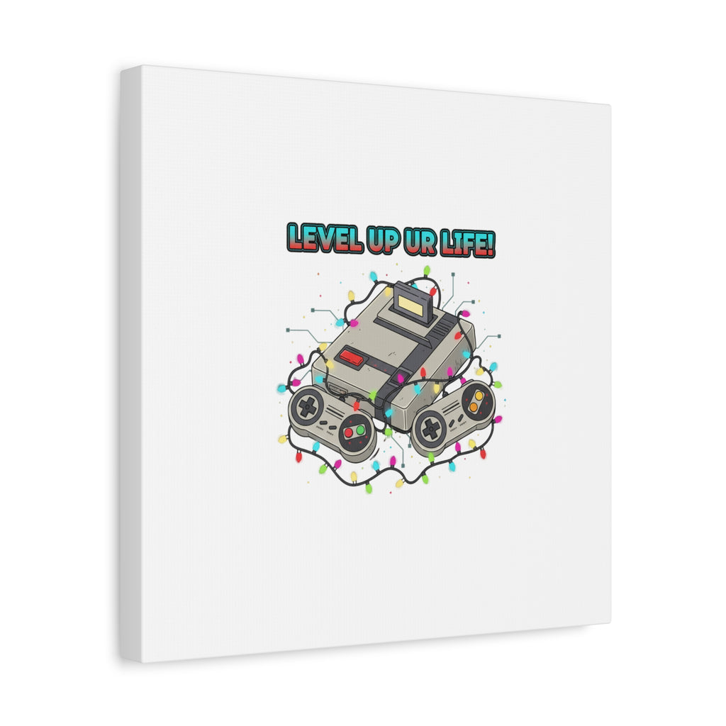 Level Up UR Life Canvas | Gamer Wall Art, Retro Controller, Holiday Lights