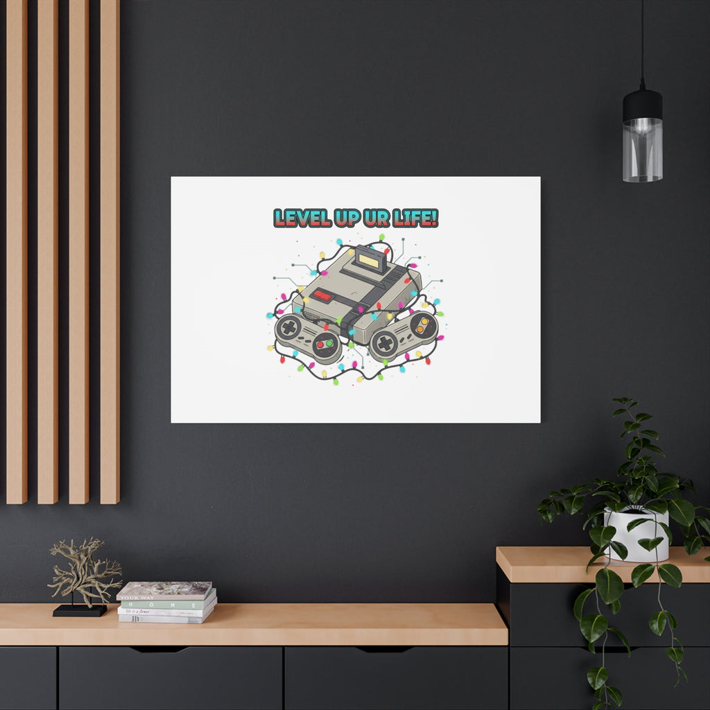 Level Up UR Life Canvas | Gamer Wall Art, Retro Controller, Holiday Lights