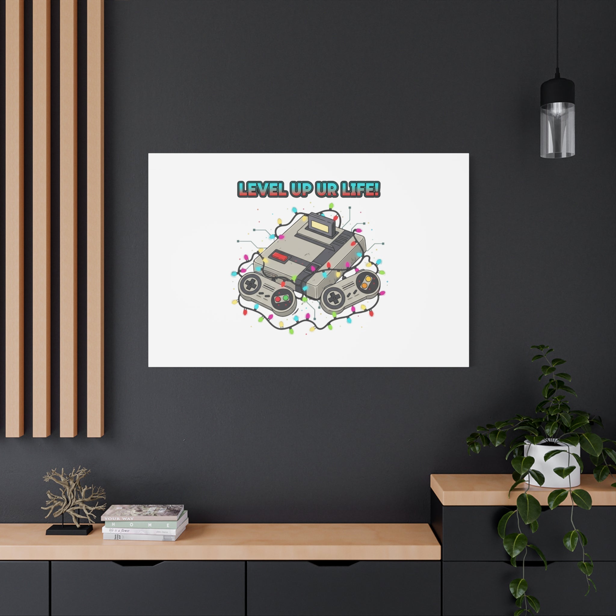 Level Up UR Life Canvas | Gamer Wall Art, Retro Controller, Holiday Lights
