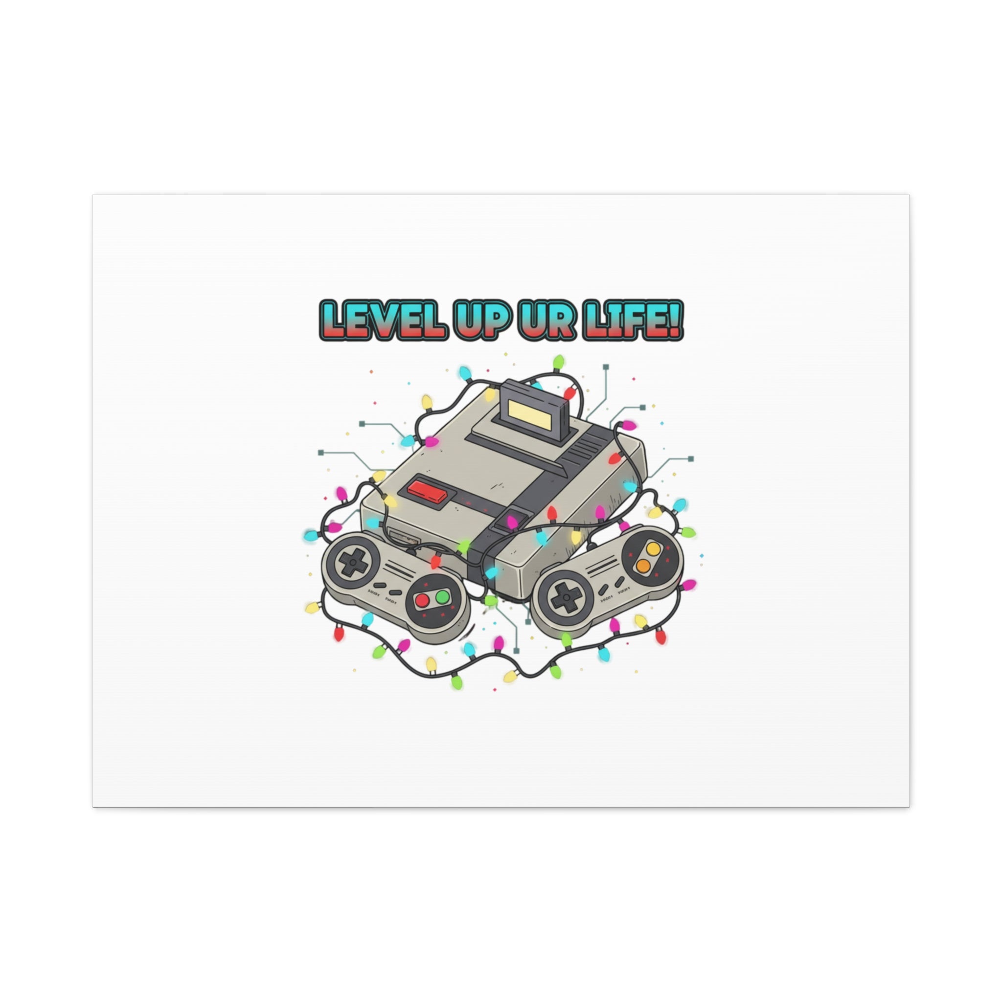 Level Up UR Life Canvas | Gamer Wall Art, Retro Controller, Holiday Lights