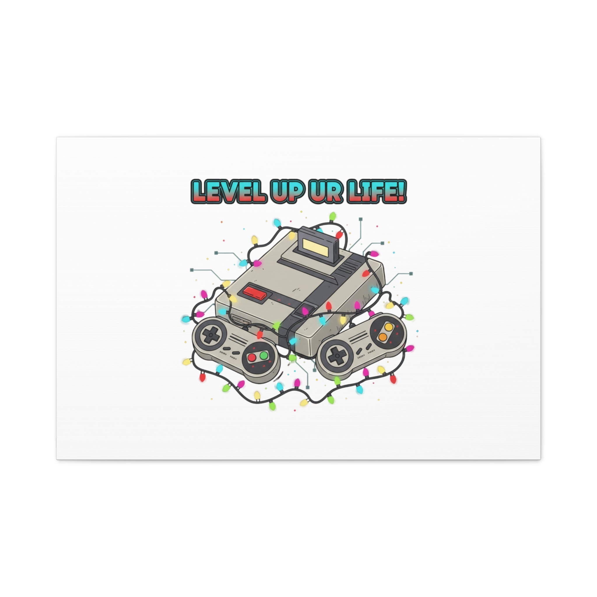 Level Up UR Life Canvas | Gamer Wall Art, Retro Controller, Holiday Lights