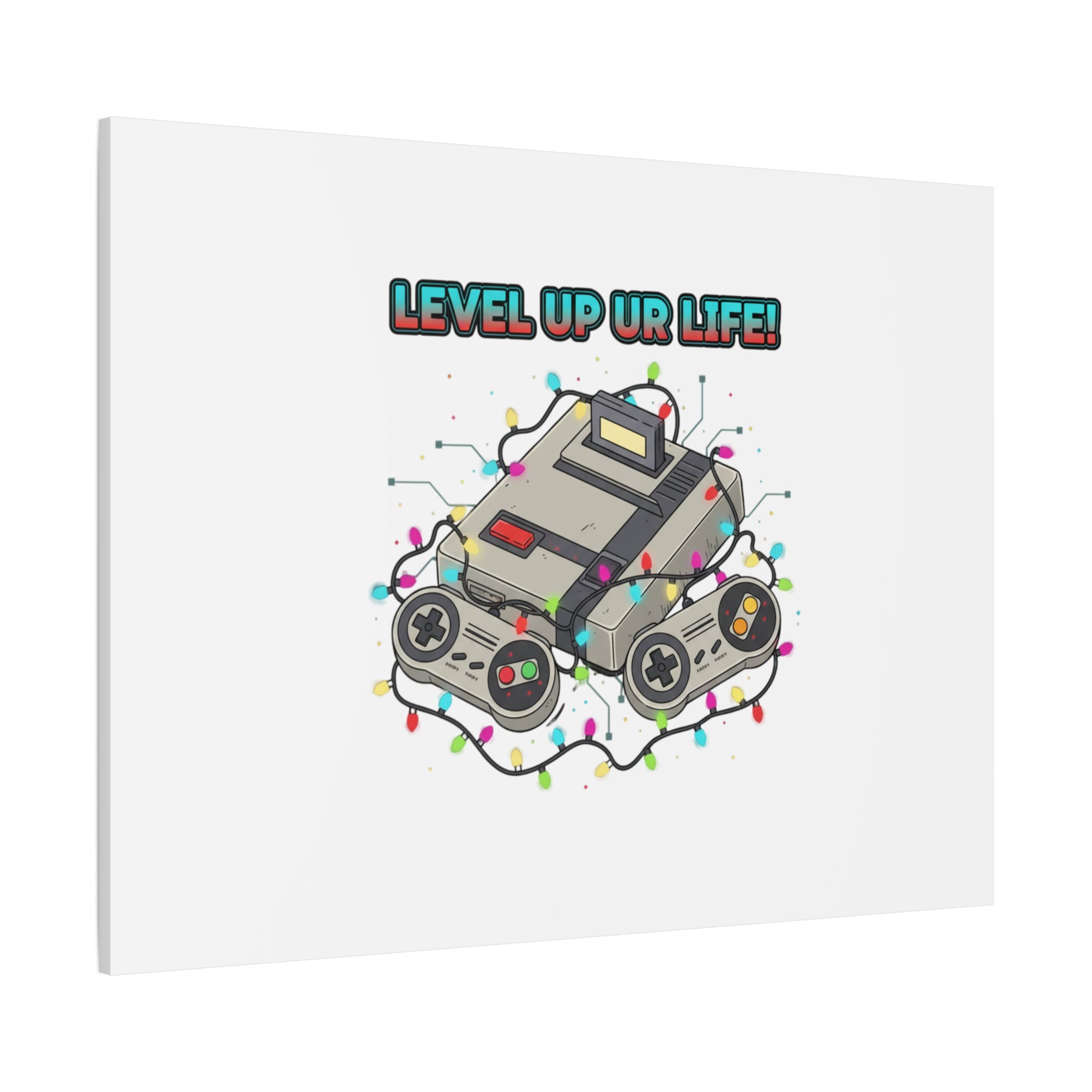 Level Up UR Life Canvas | Gamer Wall Art, Retro Controller, Holiday Lights