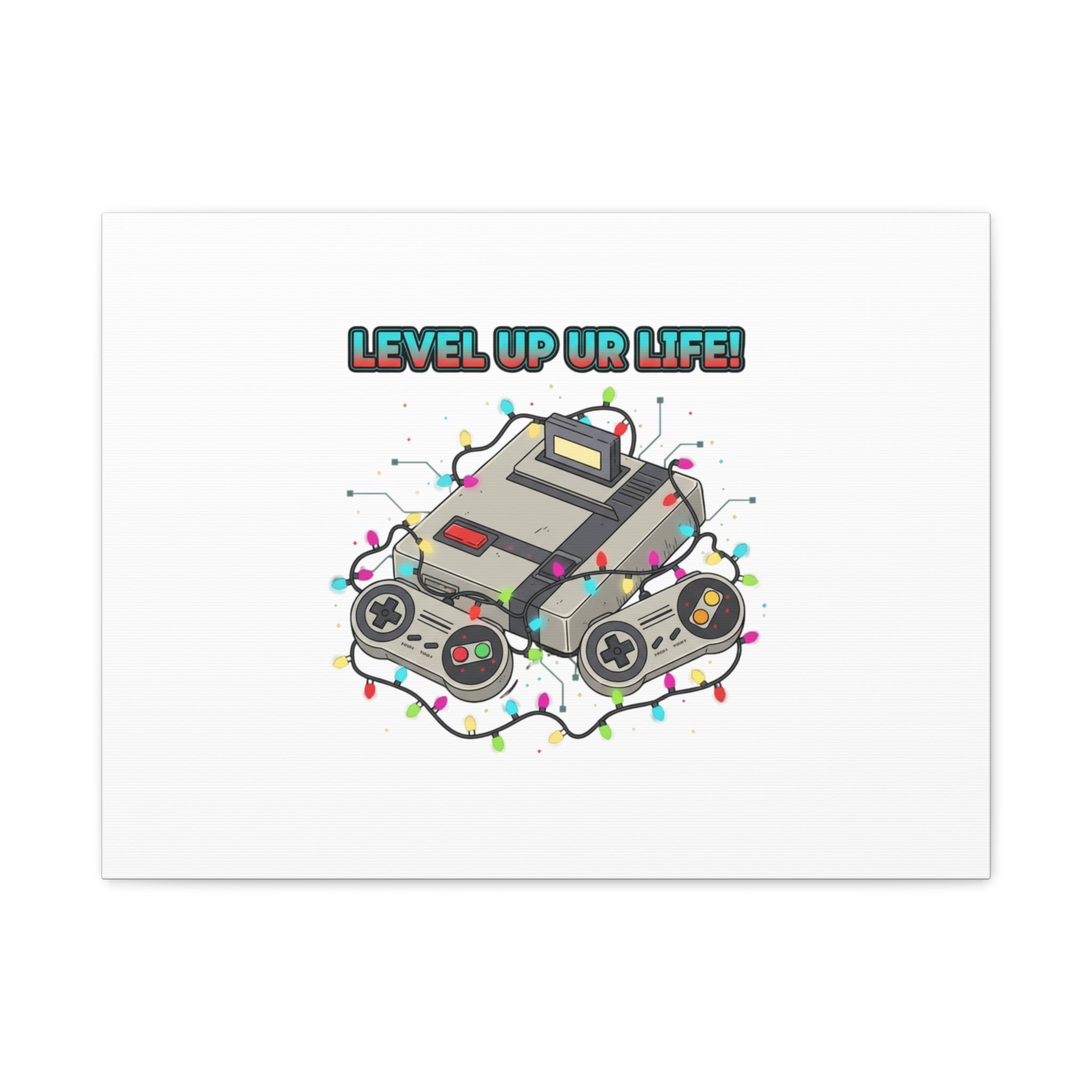 Level Up UR Life Canvas | Gamer Wall Art, Retro Controller, Holiday Lights