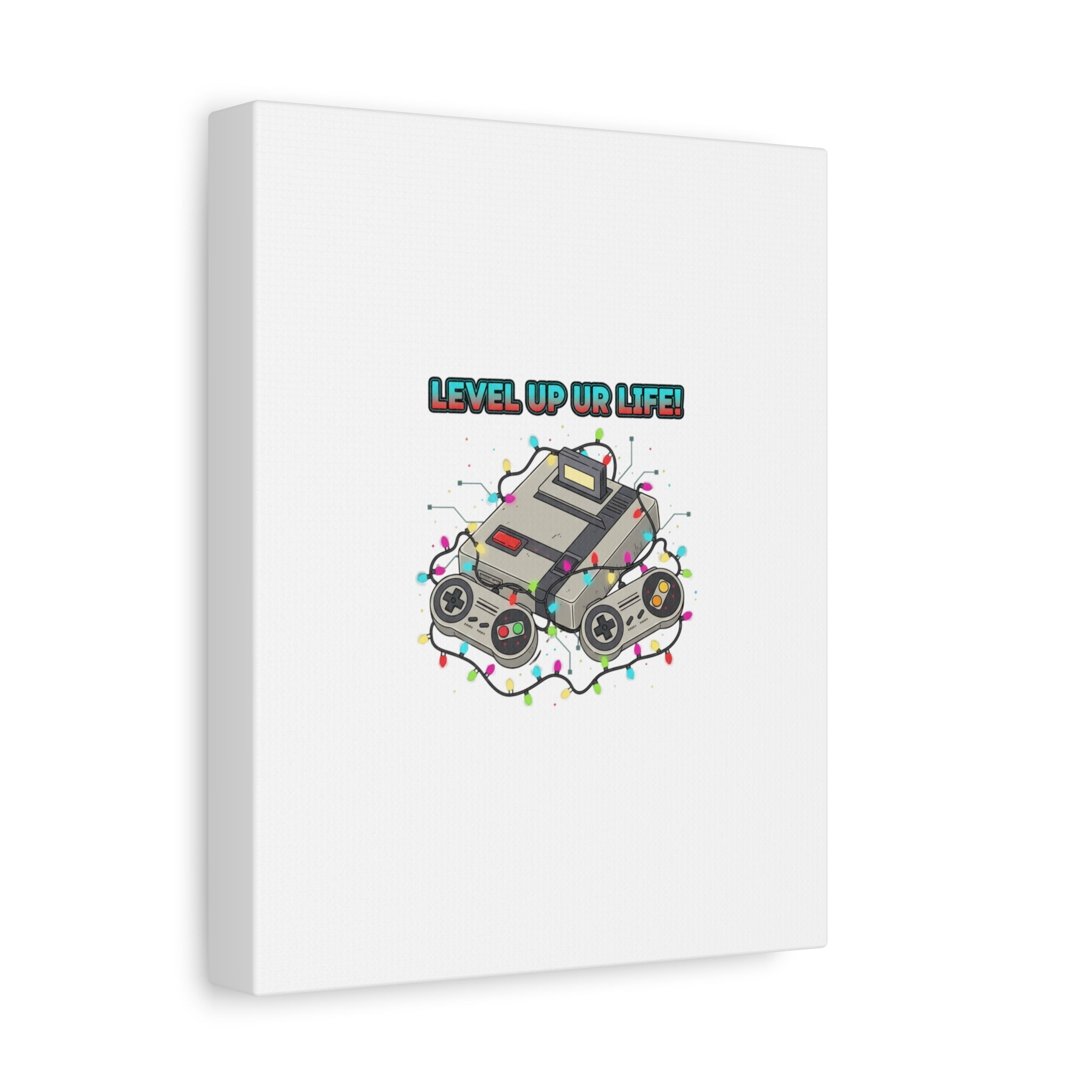 Level Up UR Life Canvas | Gamer Wall Art, Retro Controller, Holiday Lights
